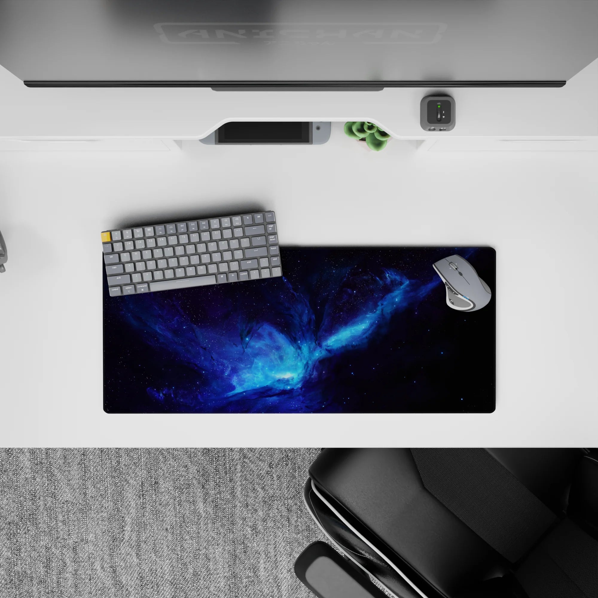 Electric blue and smoky purple space mouse pad 28x12 inches, dreamy calm-to-wild cosmic mood.