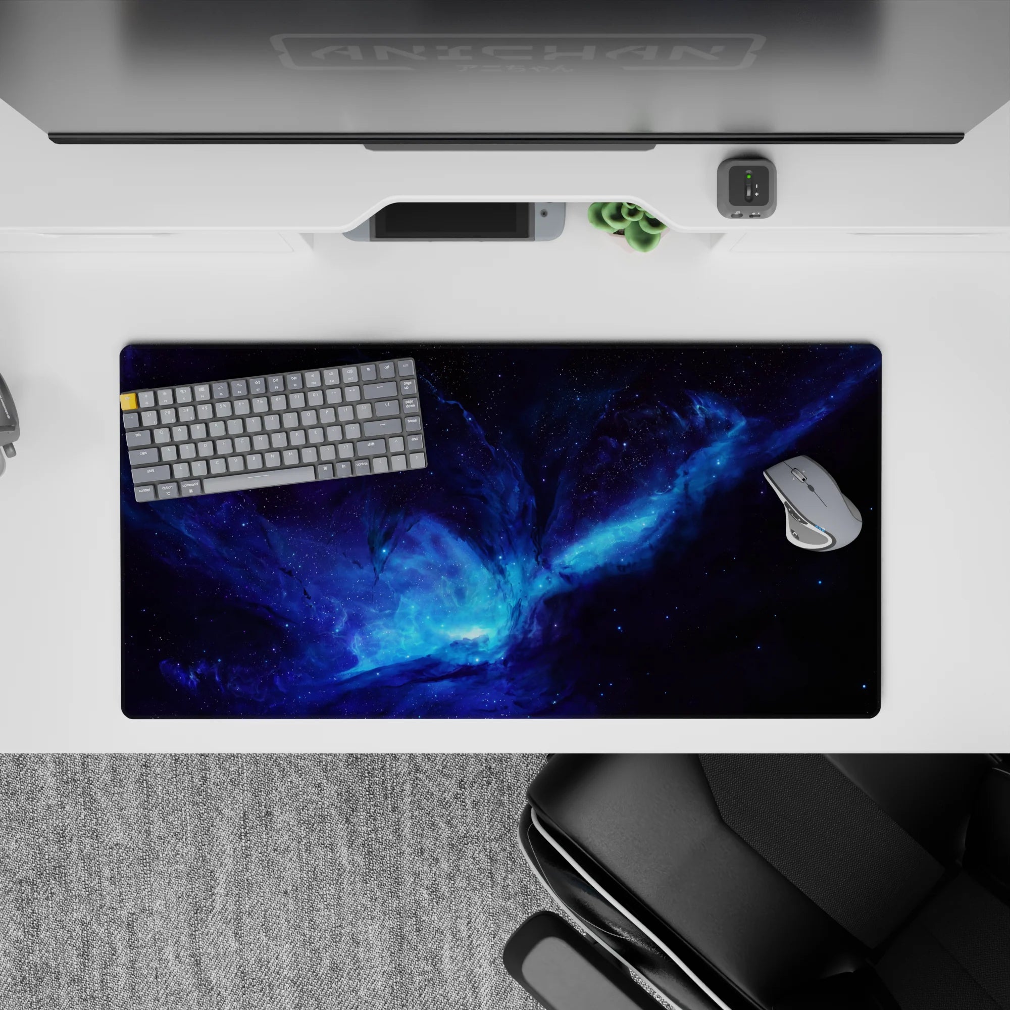 Electric blue and smoky purple space mouse pad, 32x16 inches, calm-to-wild cosmic mood.