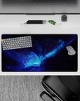 Electric blue and smoky purple space mouse pad, 32x16 inches, calm-to-wild cosmic mood.