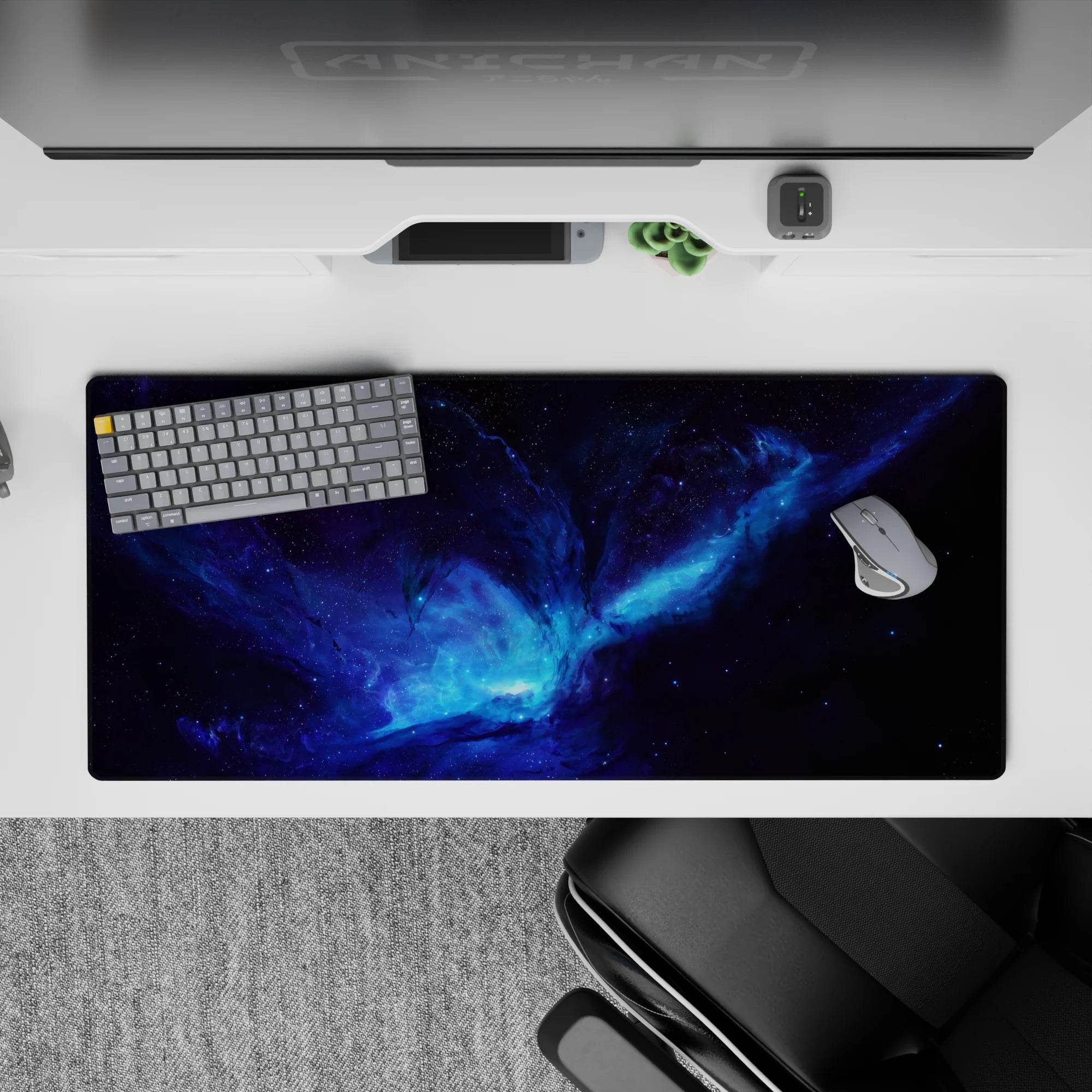 Electric blue and smoky purple desk pad 36x16 inches, calm-to-wild space vibe for long nights.