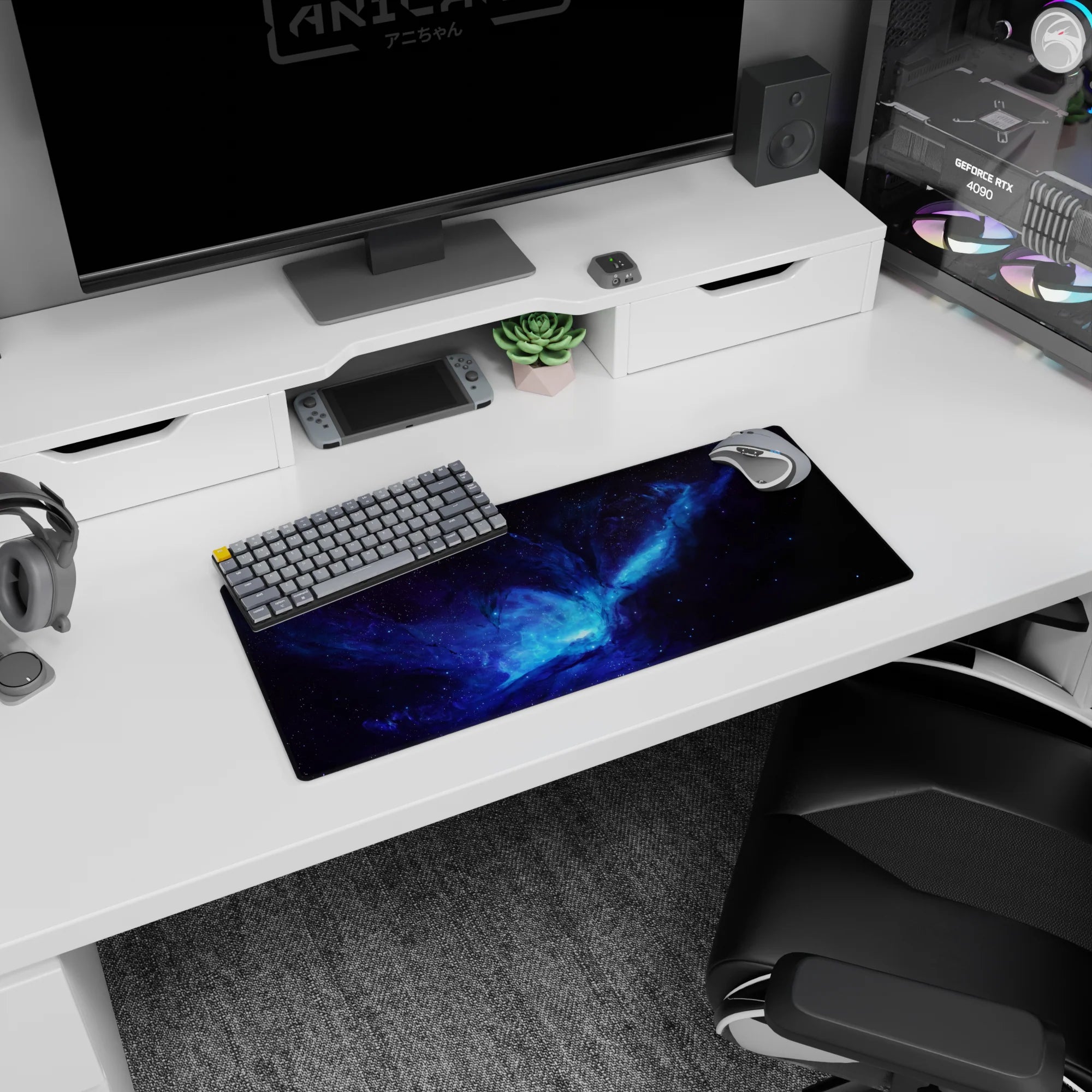 Deep space portal core mouse pad 28x12 inches with bright nebula center and inky star swirls.