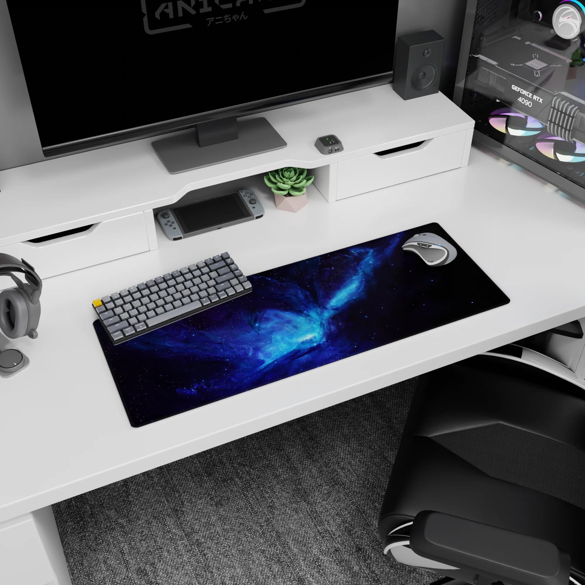 Cosmic portal scene mouse pad 32x12 inches featuring a bright galaxy core amid swirling space dust.