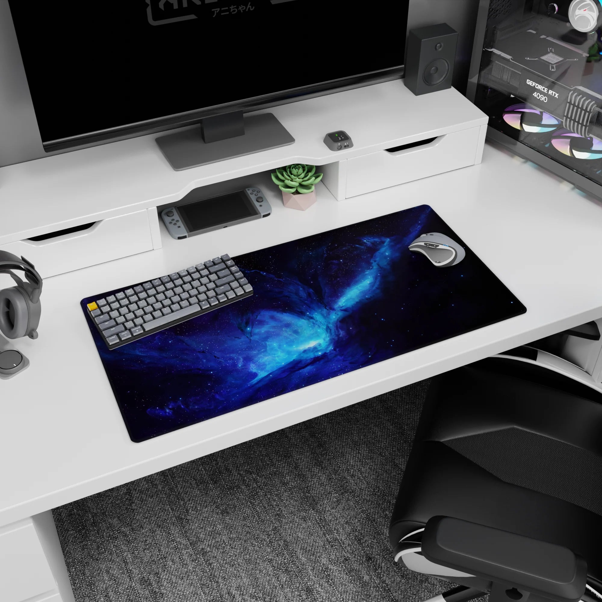 Space portal core scene mouse pad, 32x16 inches, inky galaxy swirl with stardust nebula.