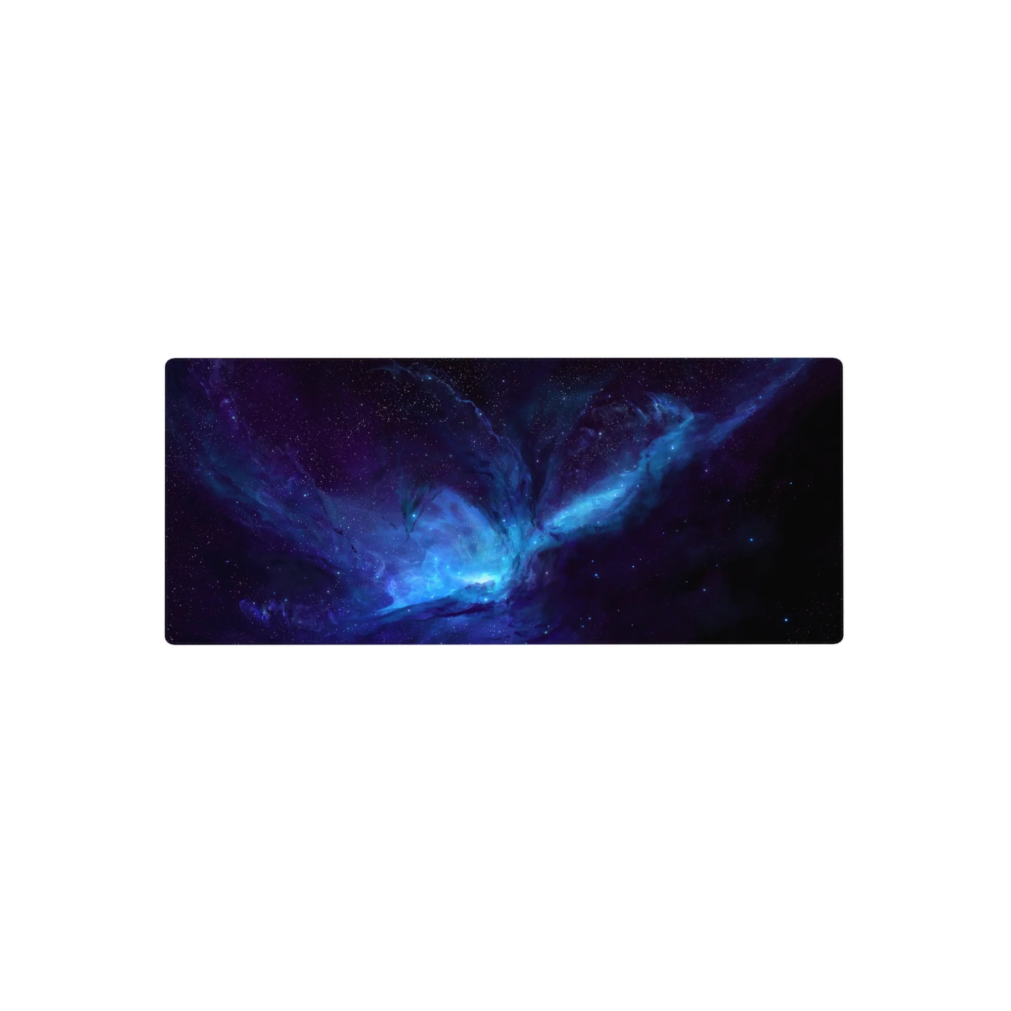 Cosmic nebula desk mouse pad 28x12 inches with swirling stardust and galaxy-like spin design.