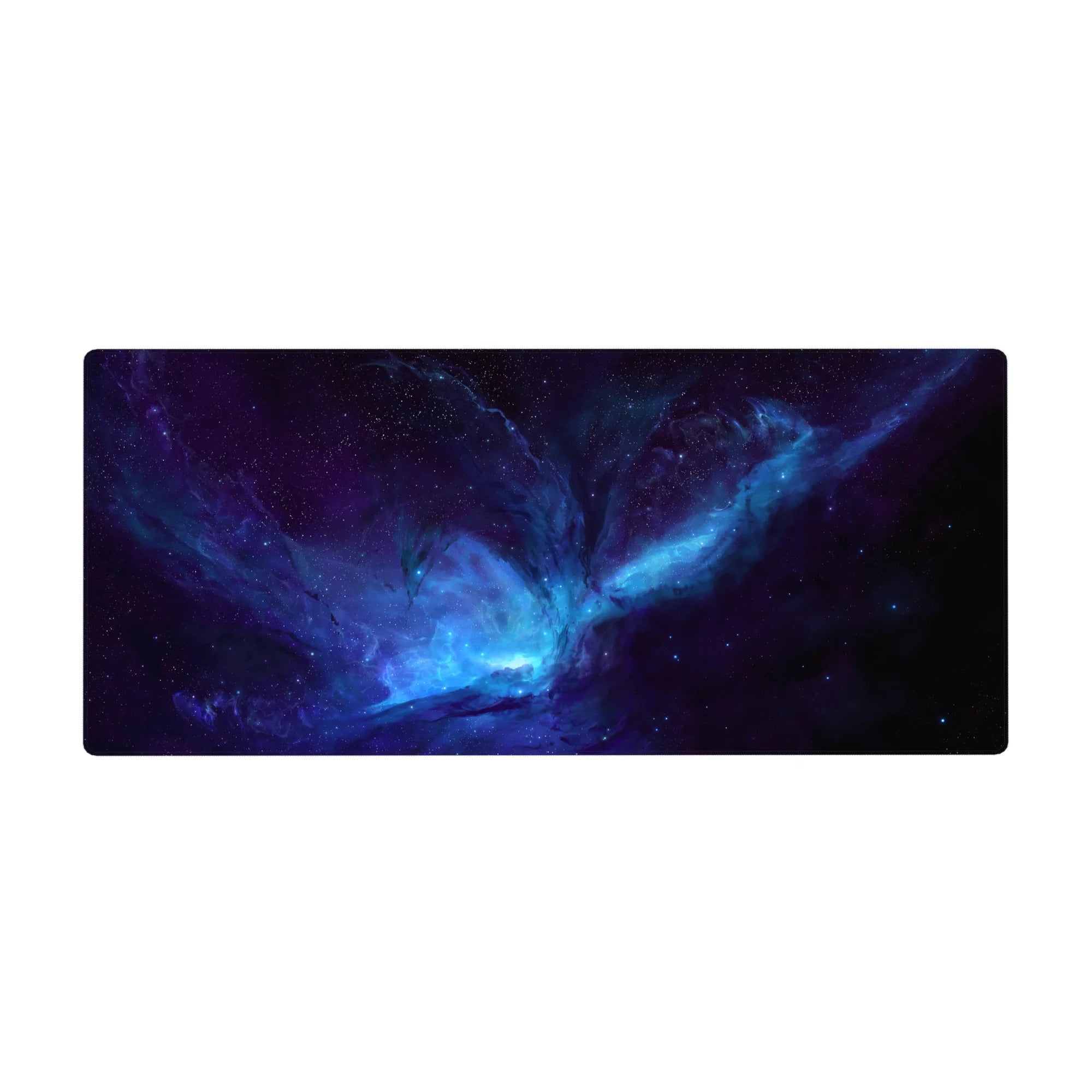 Galaxy nebula desk pad 36x16 inches with swirling stardust and a bright cosmic core.