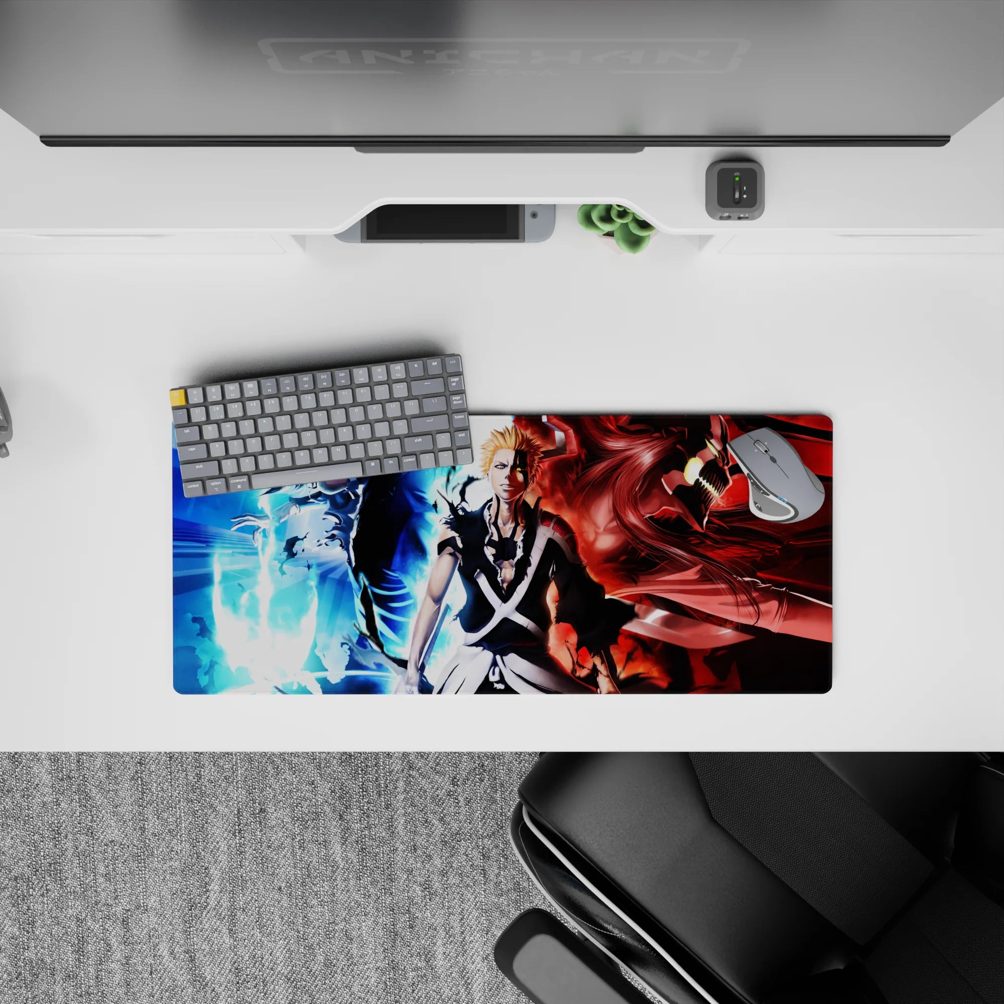 Ichigo anime mouse pad, 28x12 inches, showcasing Ichigo's calm to rage transformations from Bleach, with flames and shadows.
