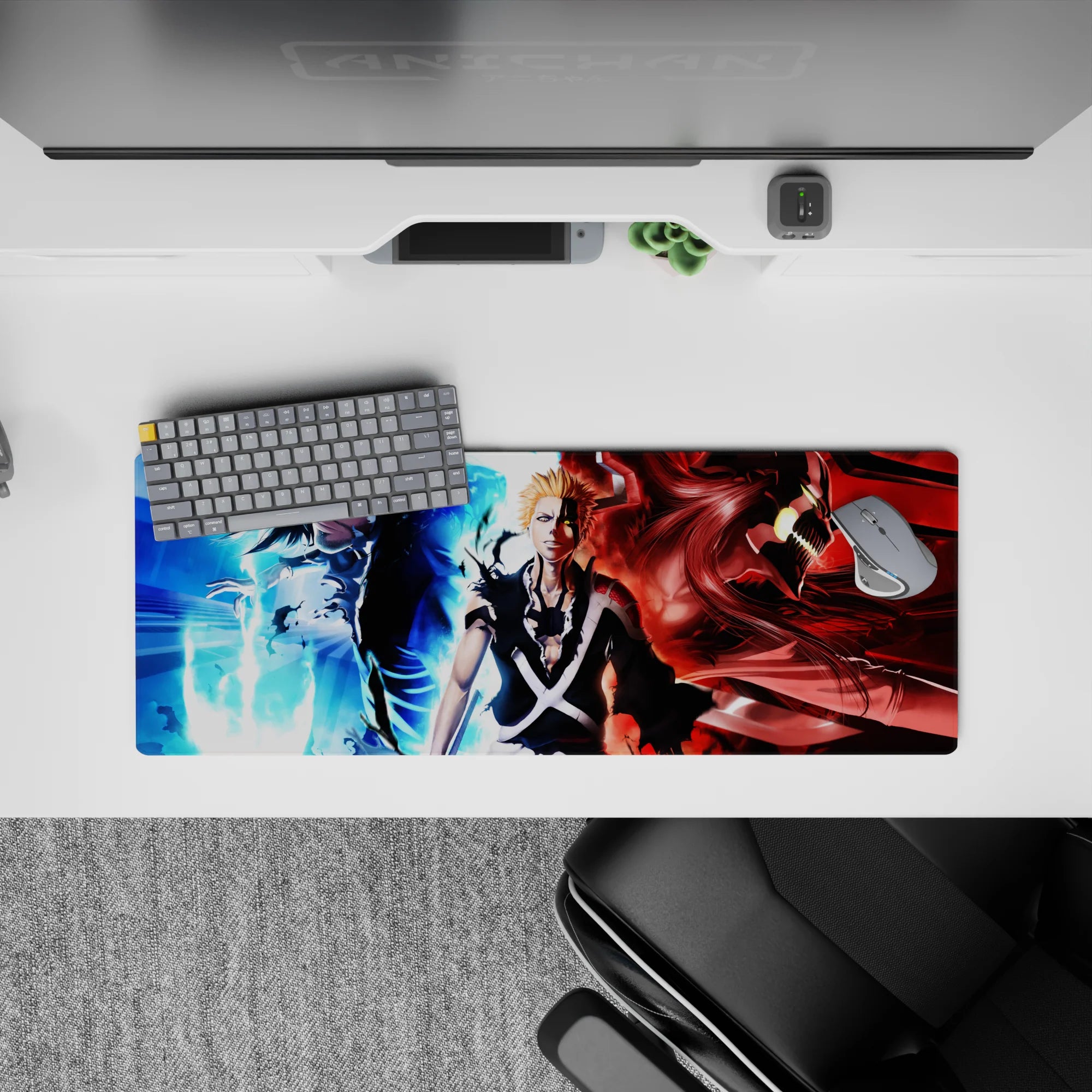 Ichigo anime mouse pad, 32x12 inches, showcasing his icy-blue calm and demonic rage, perfect for Bleach fans.