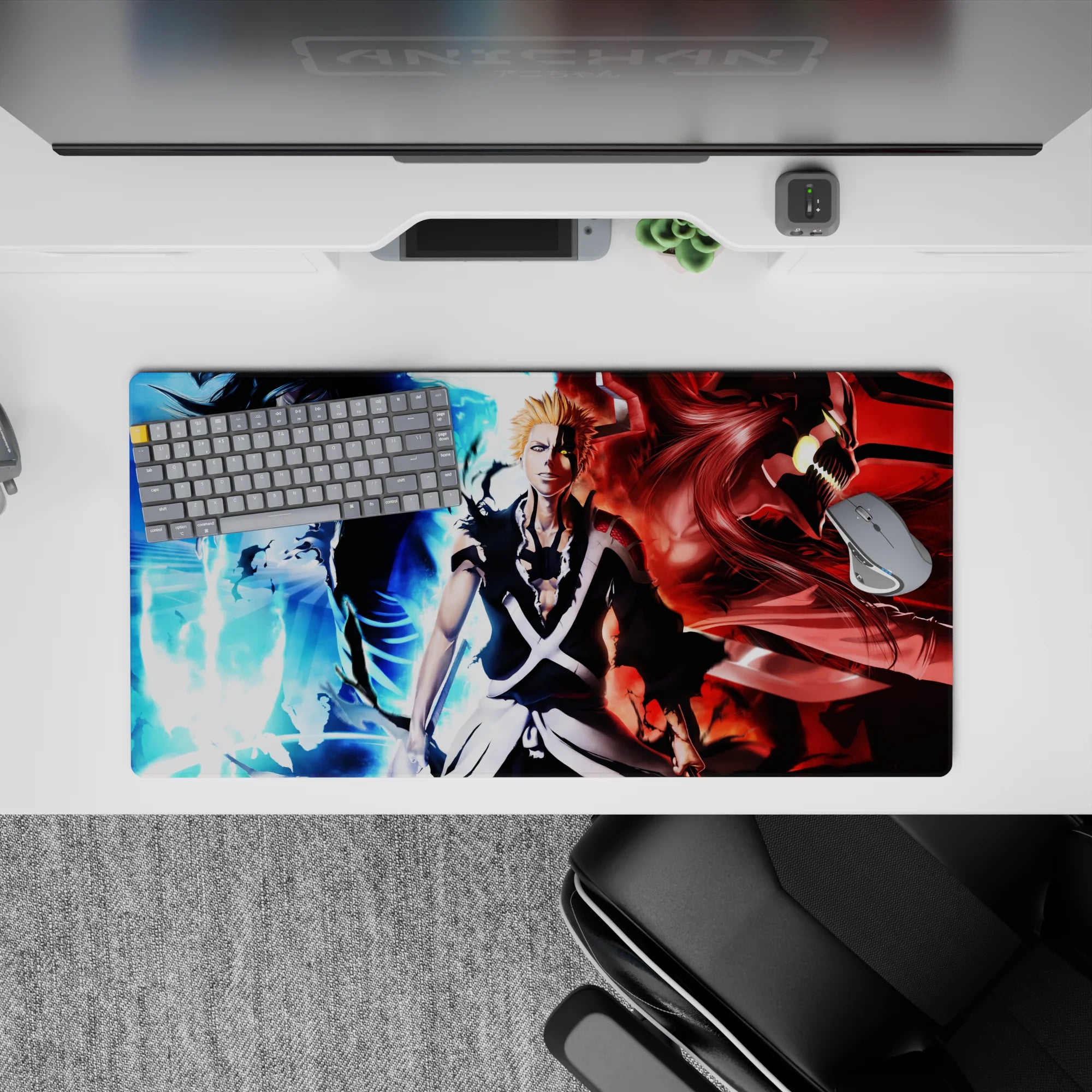Ichigo Bleach anime mouse pad, 32x16 inches, showcasing Ichigo's icy calm, demonic rage, flames, and energy in chaos.