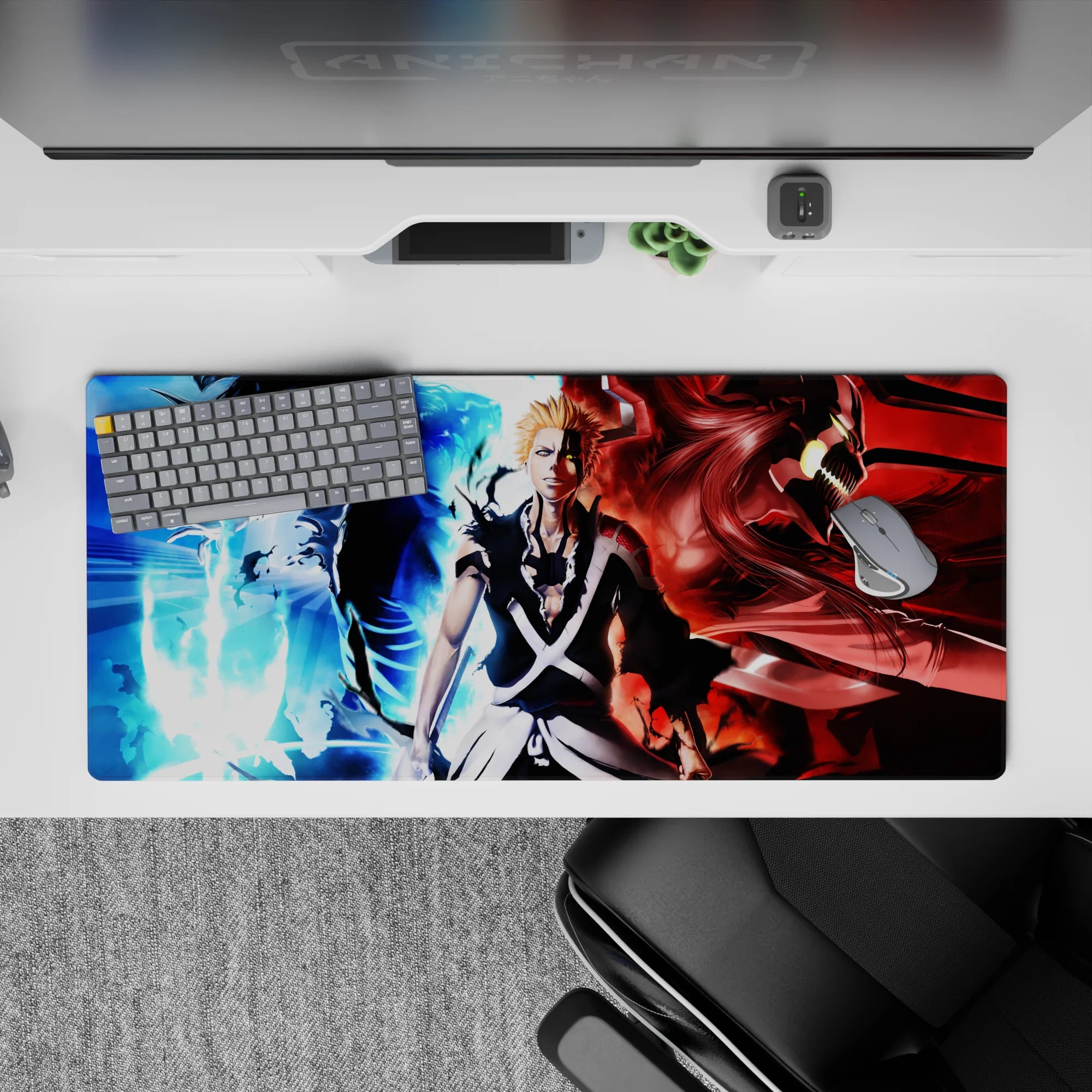 Ichigo anime desk pad 36x16 inches, featuring his icy-blue calm, demonic rage, and fiery energy from Bleach.
