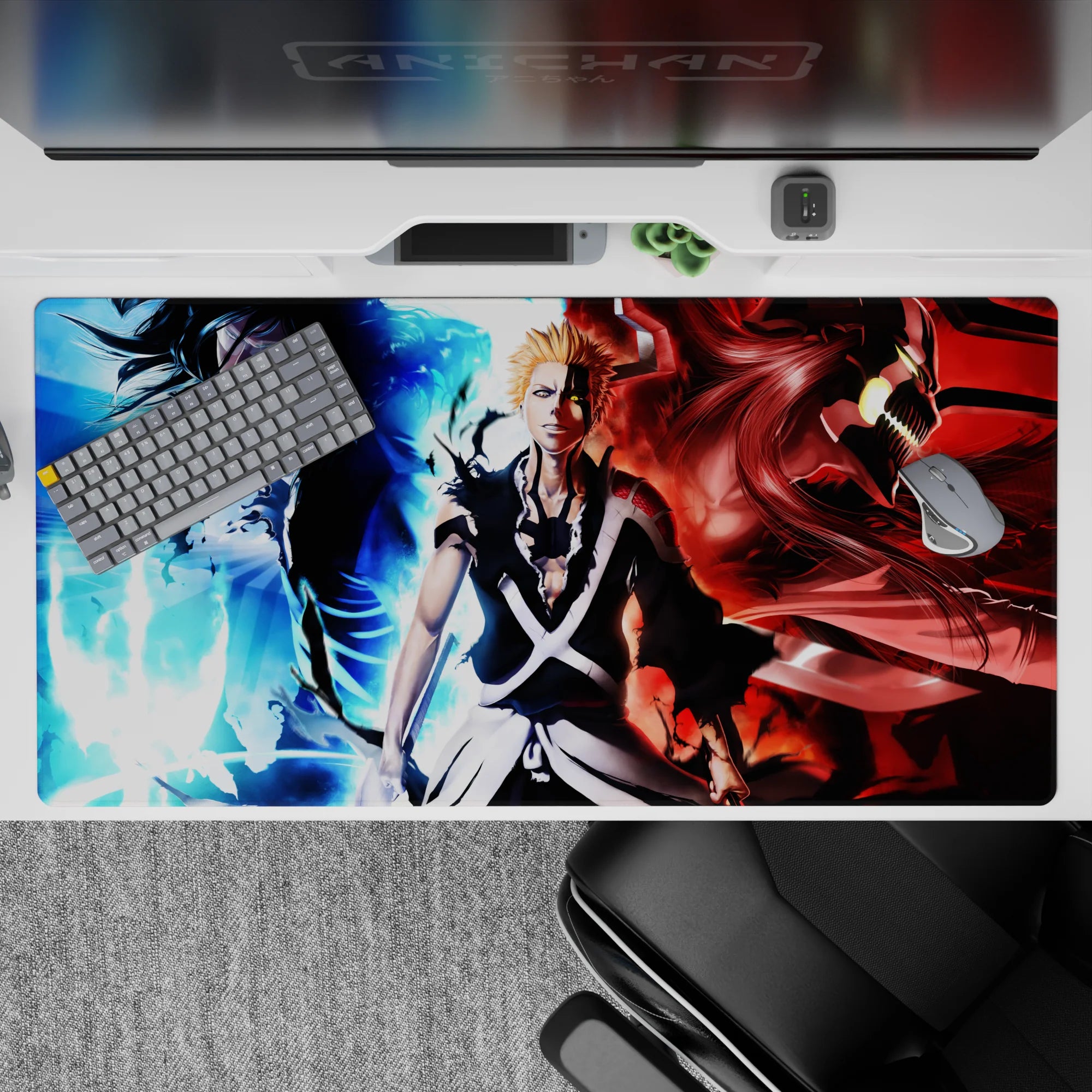 Ichigo anime desk pad, 40x20 inches, features three dynamic sides from Bleach, showcasing his calm to demonic transformations.