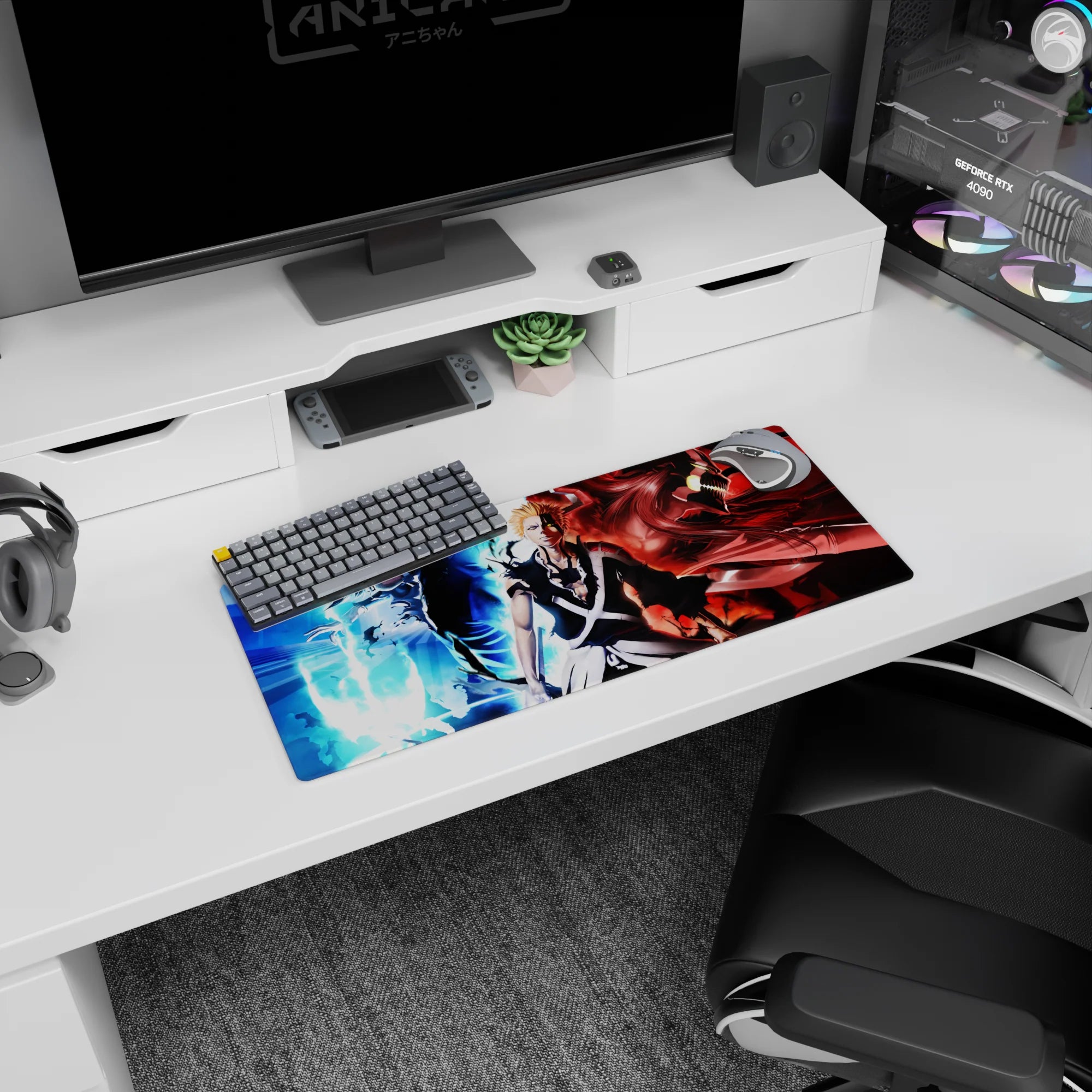 Ichigo anime mouse pad 28x12 inches with vibrant design showing his calm, rage, and powerful forms from Bleach.