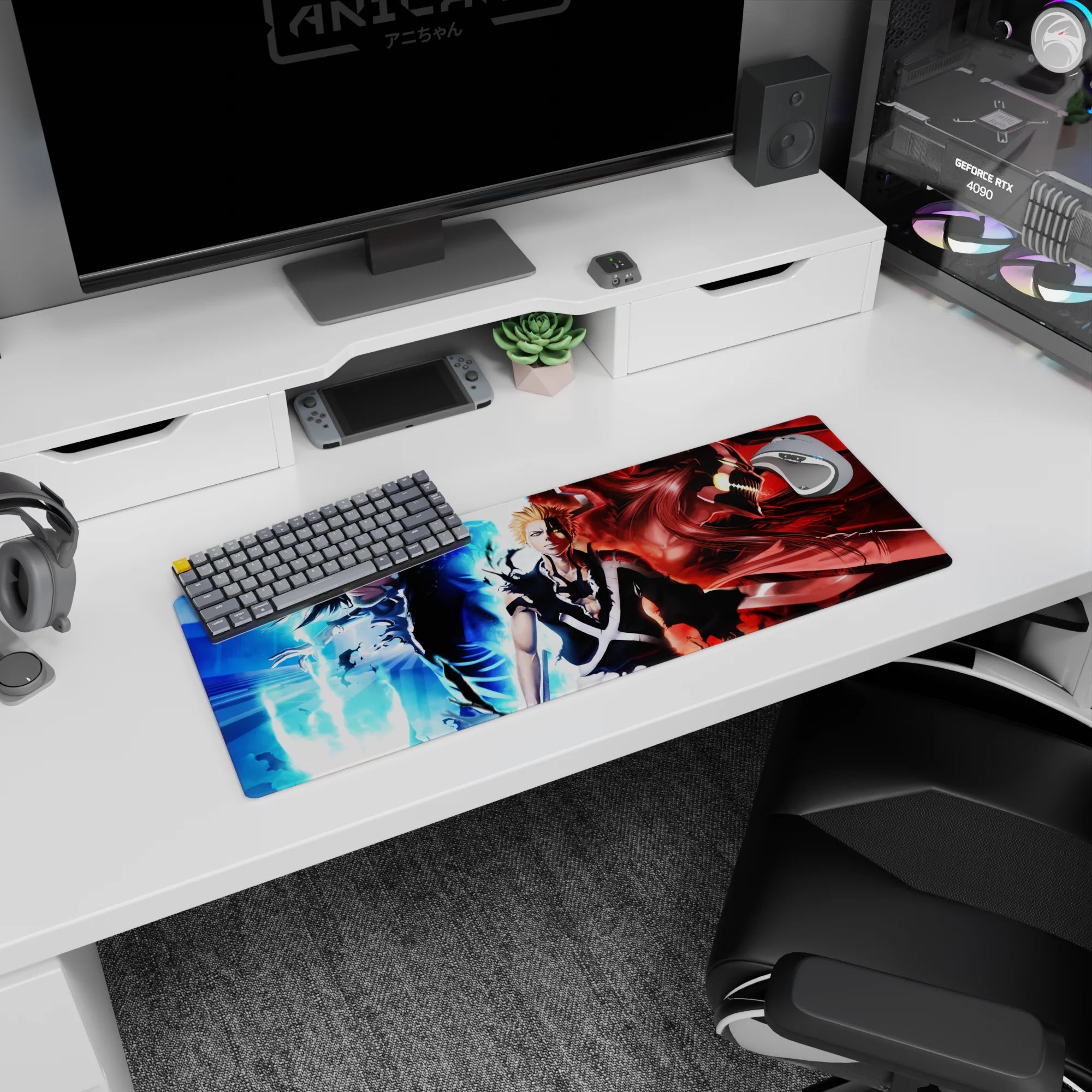 Ichigo anime mouse pad 32x12 inches, shows transformation from calm to rage in Bleach, with flames and shadows.