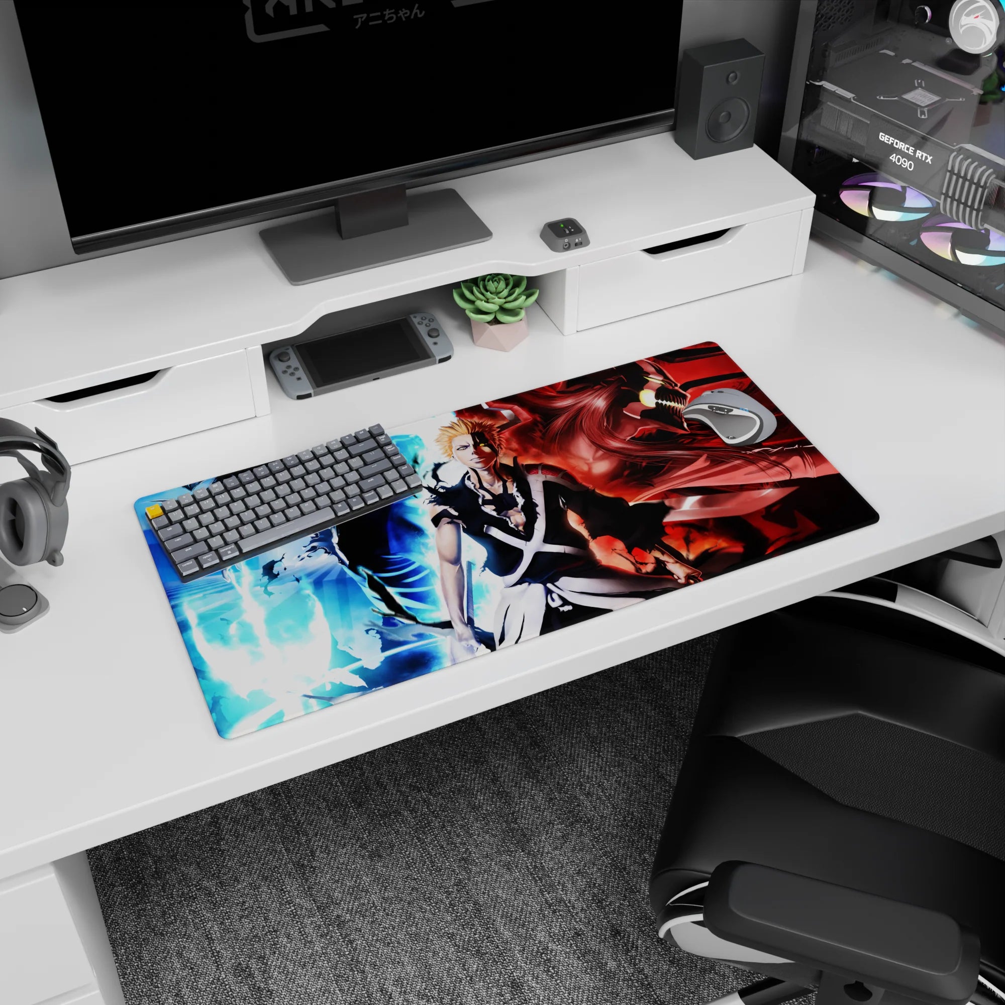 Ichigo anime mouse pad 32x16 inches featuring icy-blue calm, demonic rage, and fiery power from Bleach.