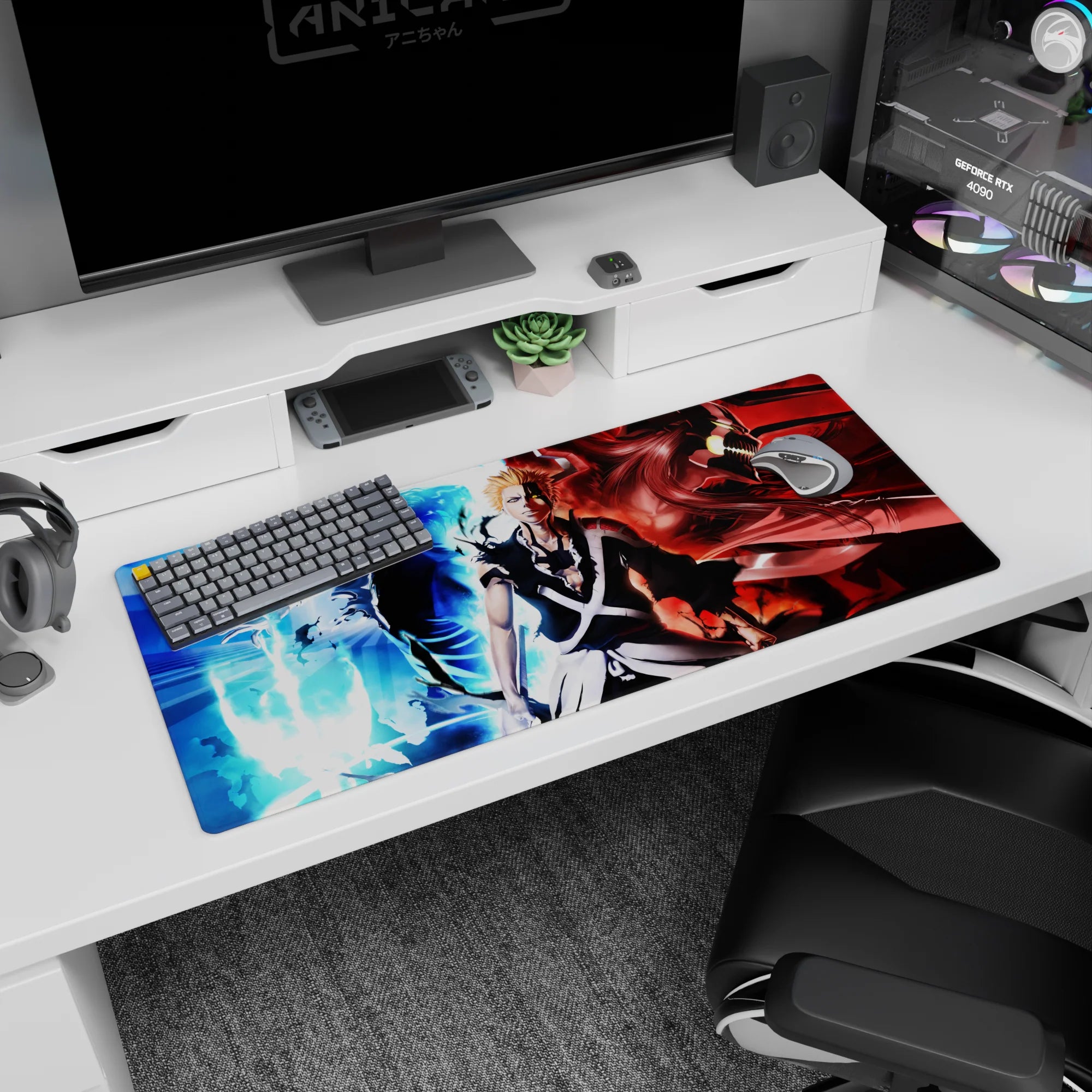 Ichigo anime desk pad 36x16 inches featuring his calm, rage, and power from Bleach with flames and shadows.