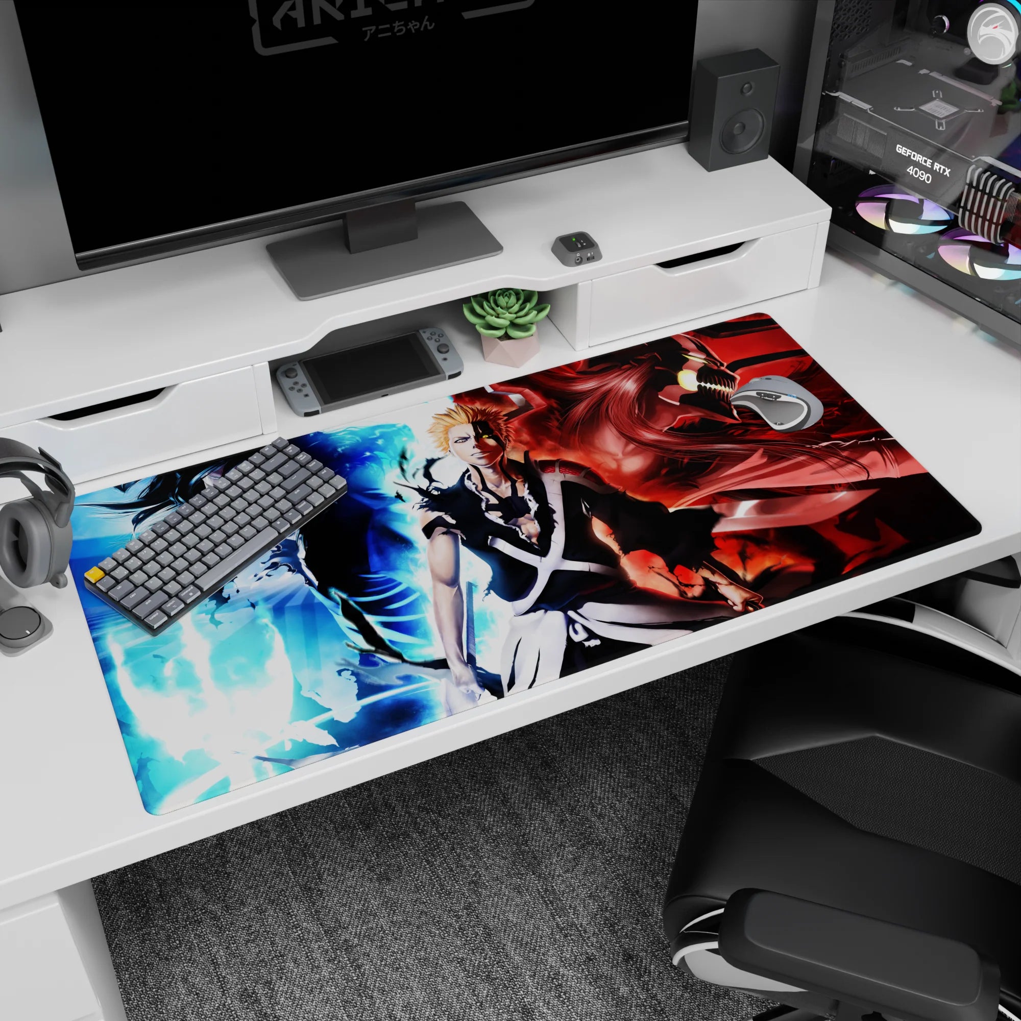 Ichigo anime desk pad, 40x20 inches, showcasing his icy-blue calm to demonic rage, inspired by Bleach series.