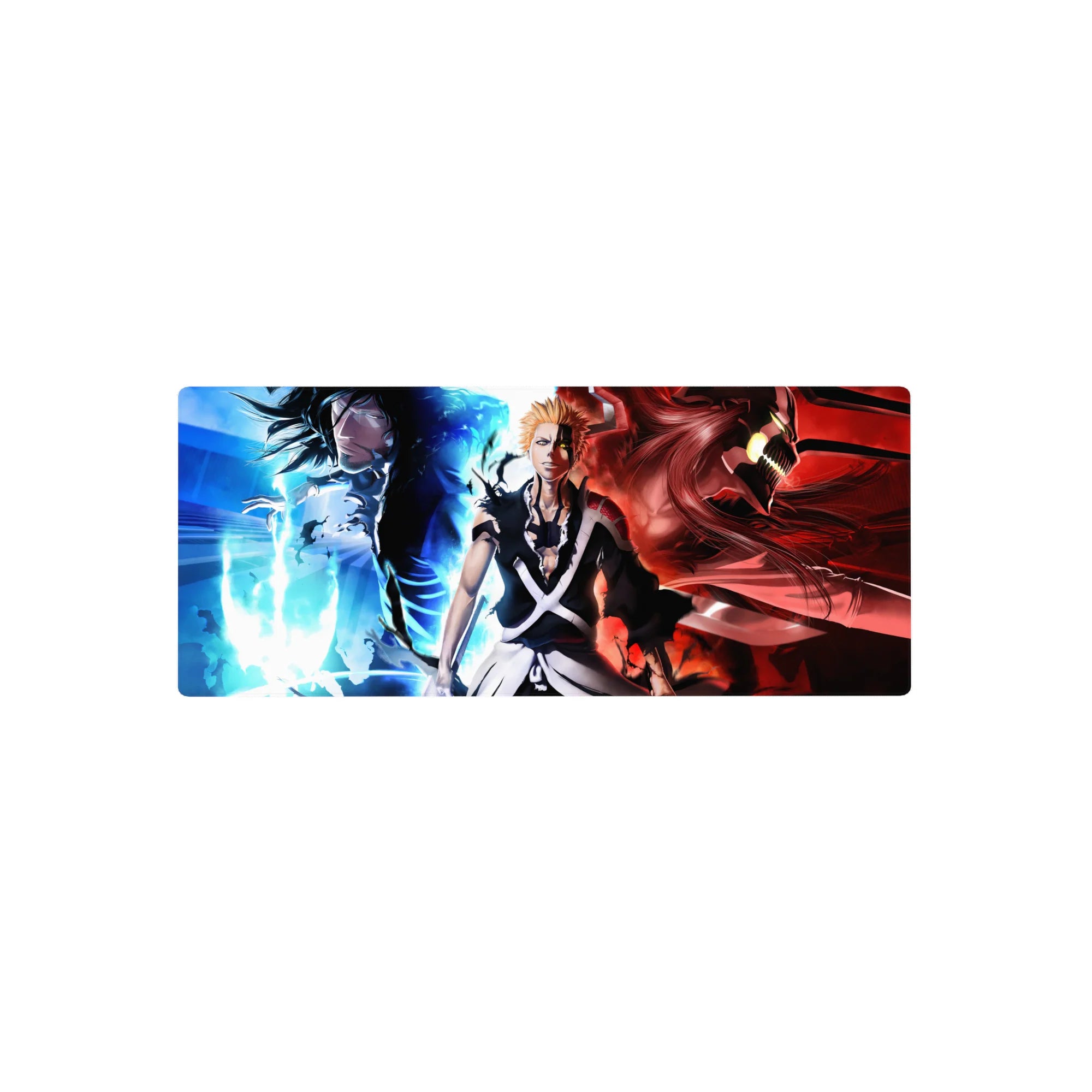 Mouse pad 28x12 inches featuring Ichigo from Bleach; showcases his calm to demonic sides with flames and shadows.