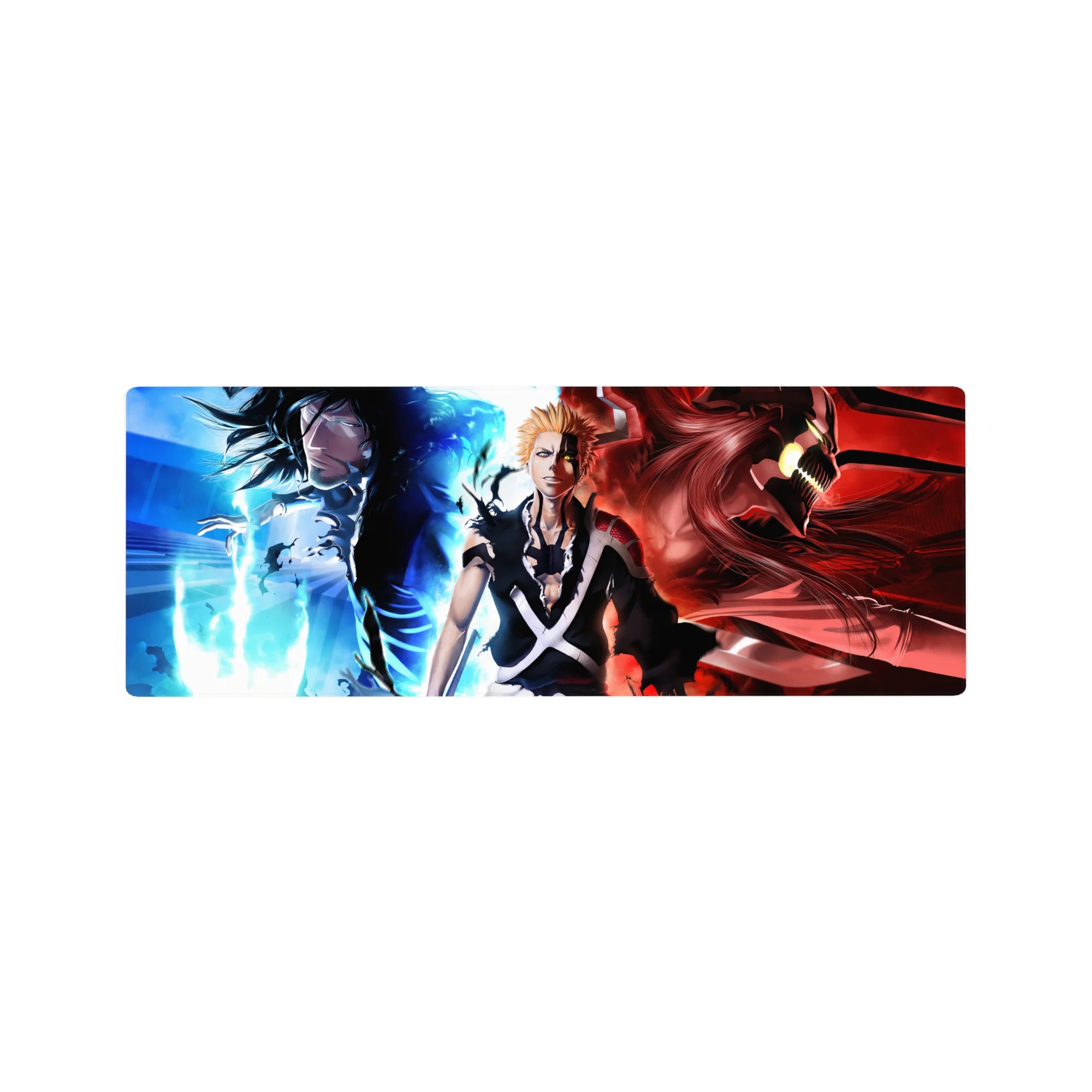 Mouse pad 32x12 inches featuring Ichigo from Bleach, displaying his icy calm and demonic rage in a vivid split design.