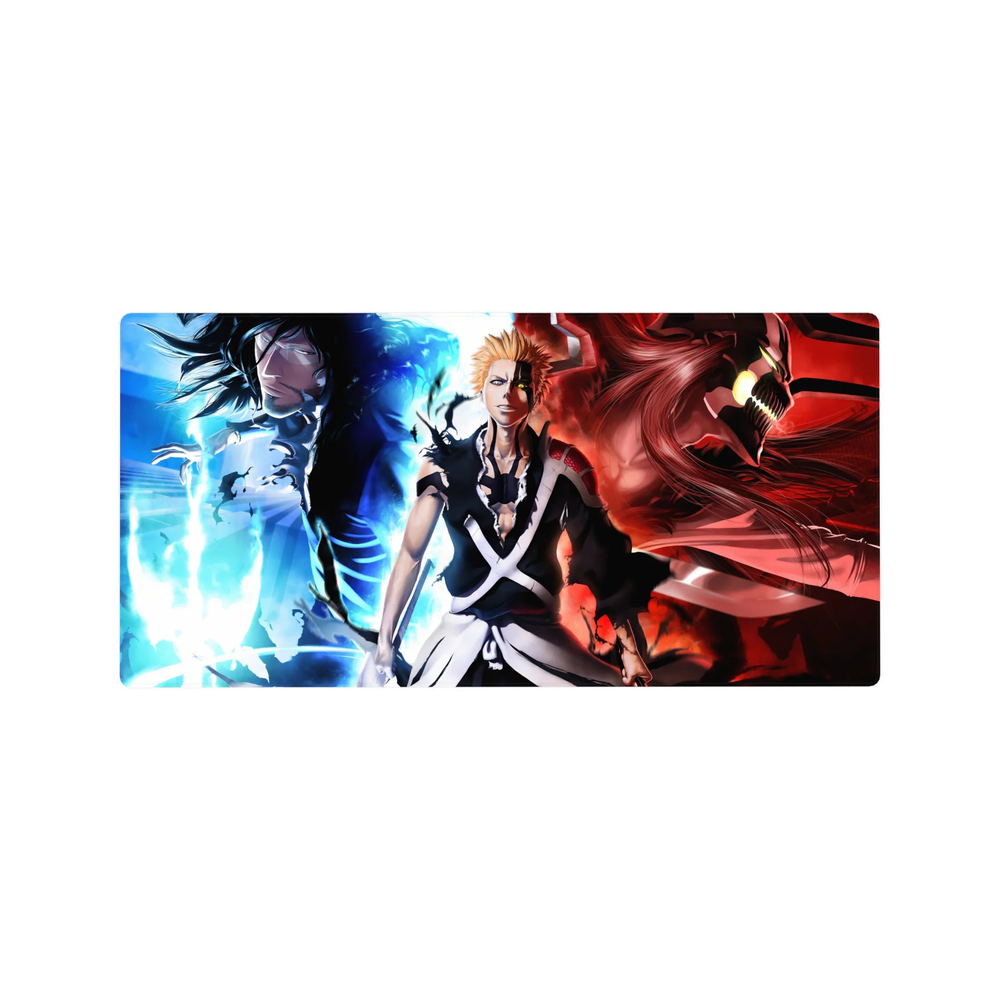 Ichigo anime mouse pad 32x16 inches captures his icy-blue calm to demonic rage, perfect for Bleach fans seeking desk upgrade.