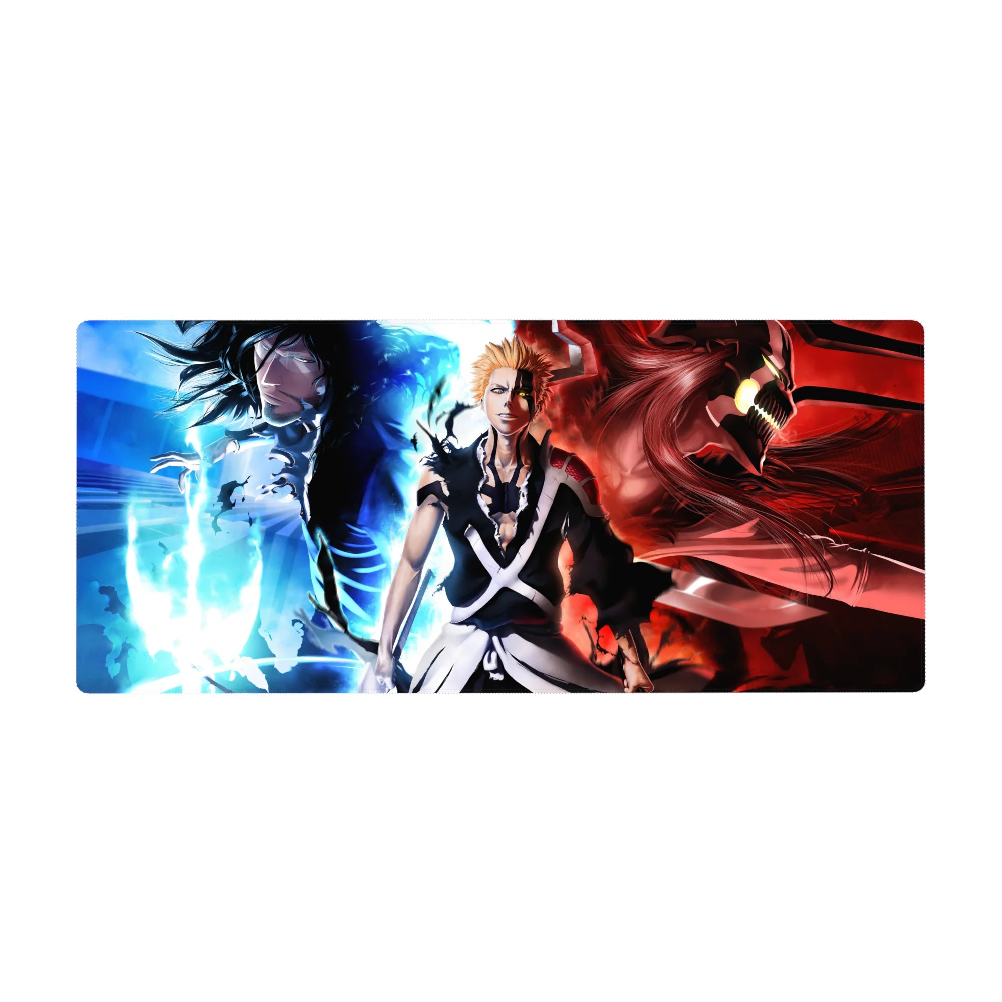 Ichigo anime desk pad 36x16 inches, showcasing his three sides from Bleach: calm, rage, and power with flames and energy.