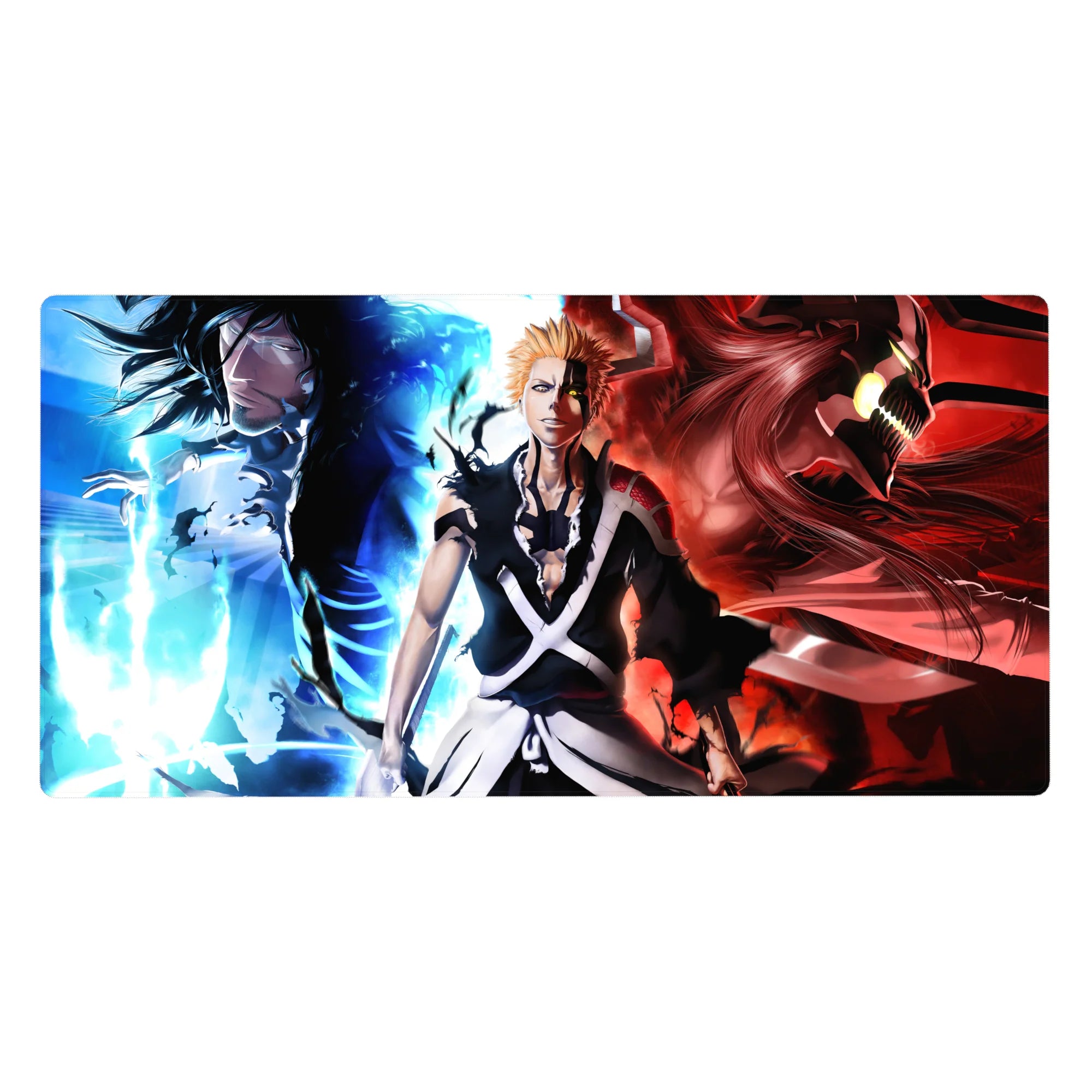 Ichigo anime mouse pad 40x20 inches, showcasing his icy calm to demonic rage from Bleach, with flames and shadows.