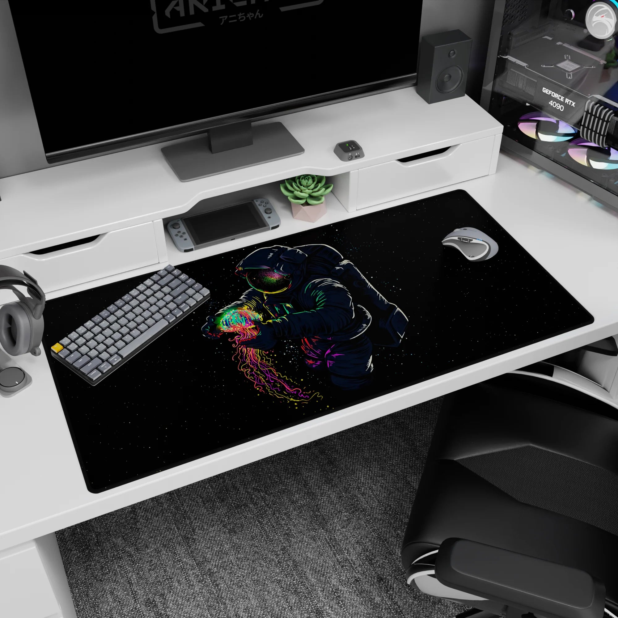 Astronaut holding a glowing jellyfish dripping rainbow comet threads desk pad, 40x20 inches.