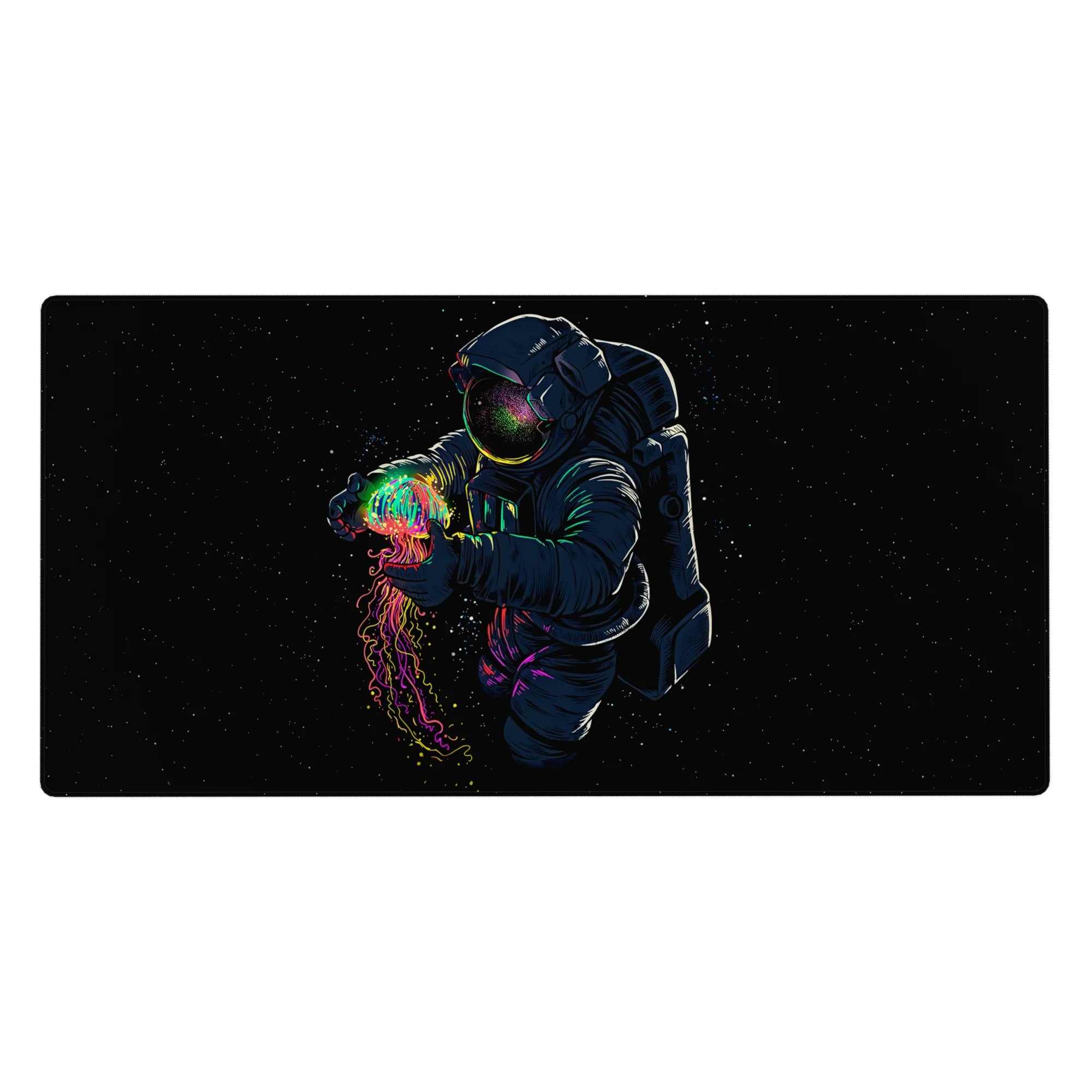 Midnight-black starfield astronaut and neon jellyfish desk pad, 40x20 inches.