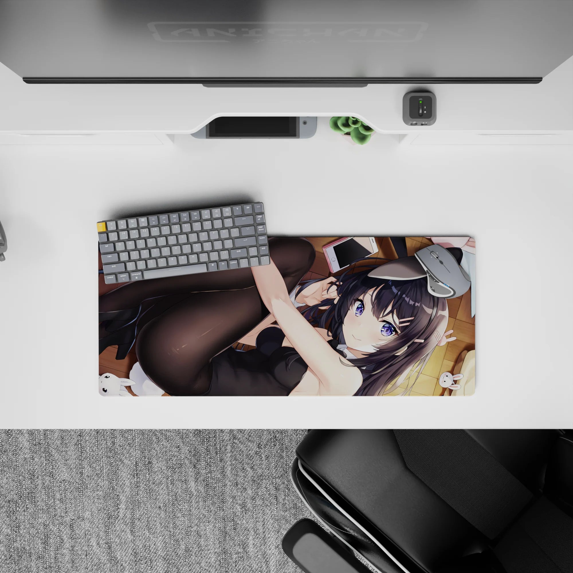 Cozy flirty violet-and-black anime girl mouse pad 28x12 inches with warm wood tones and soft blush.