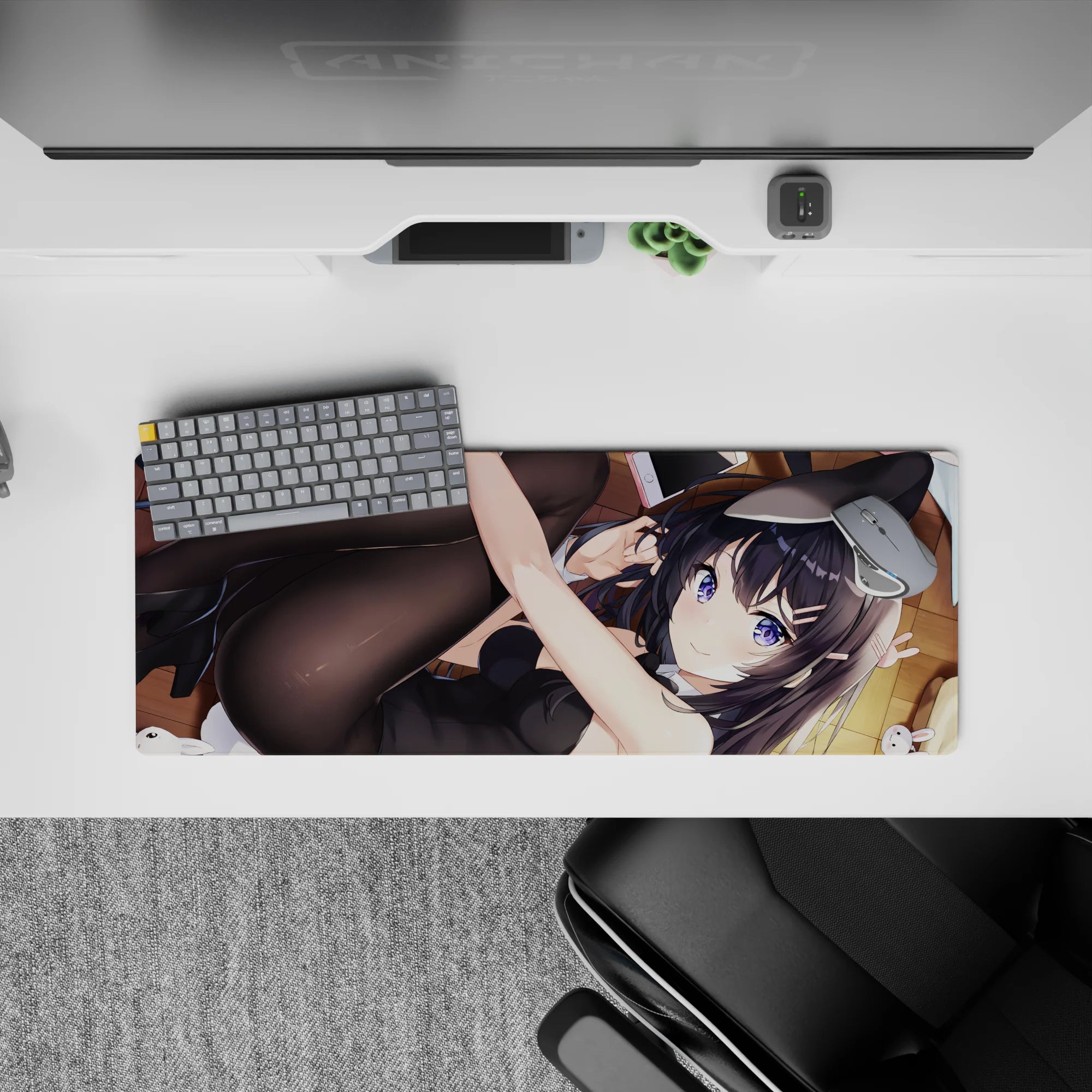Cozy flirty violet-and-black anime girl mouse pad 32x12 inches with glossy suit, sheer tights, warm wood.