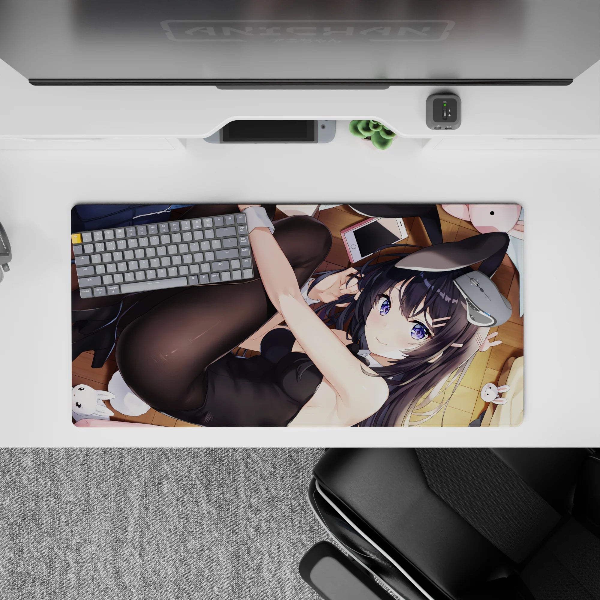 Cozy flirty violet-toned anime desk mat 32x16 inches, warm wood floor glow and bold color.