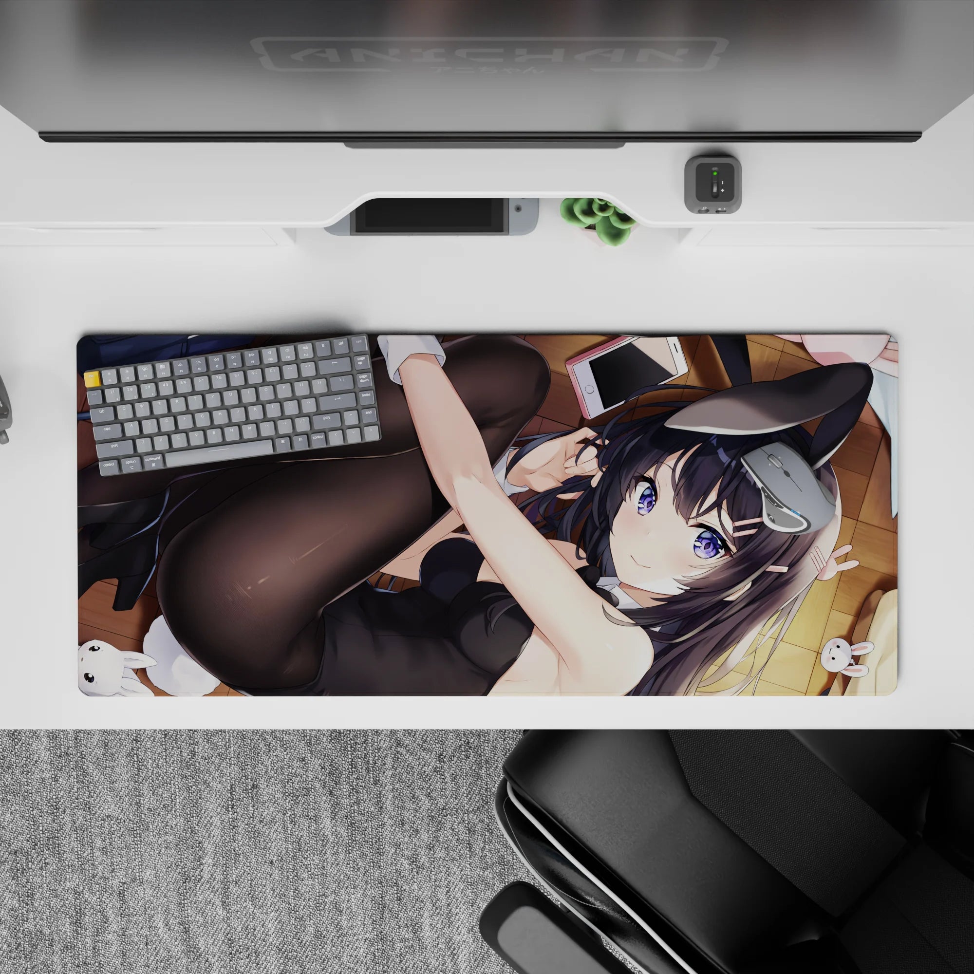 Flirty cozy violet-and-black anime desk pad 36x16 inches with glossy bunny suit, sheer tights, warm tones.