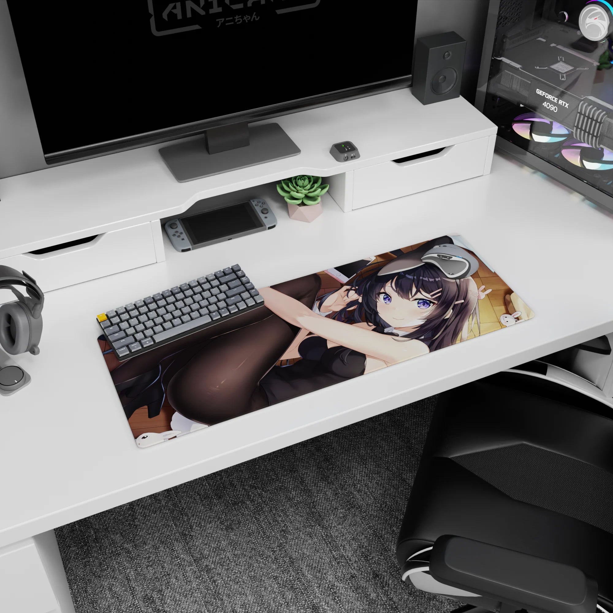 Playful anime girl lounging on warm wooden floor, violet eyes, cat ears, tossed phone mouse pad 32x12 inches.