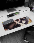 Playful anime girl lounging on warm wooden floor, violet eyes, cat ears, tossed phone mouse pad 32x12 inches.