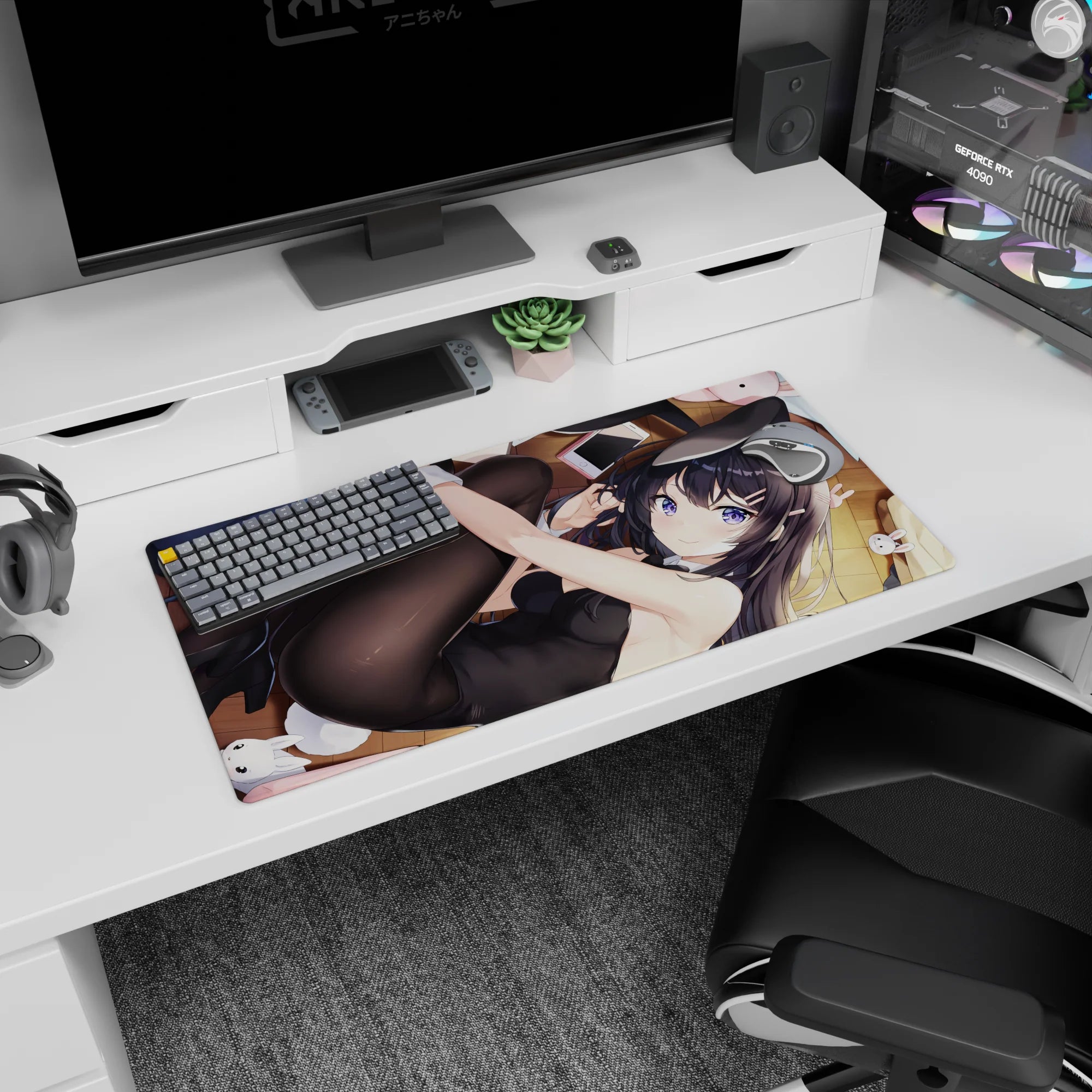 Playful anime girl lounging on wooden floor, violet eyes, bunny suit, tossed phone mouse pad 32x16 inches.