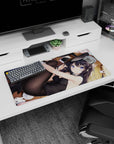 Playful anime girl lounging on wooden floor, violet eyes, bunny suit, tossed phone mouse pad 32x16 inches.