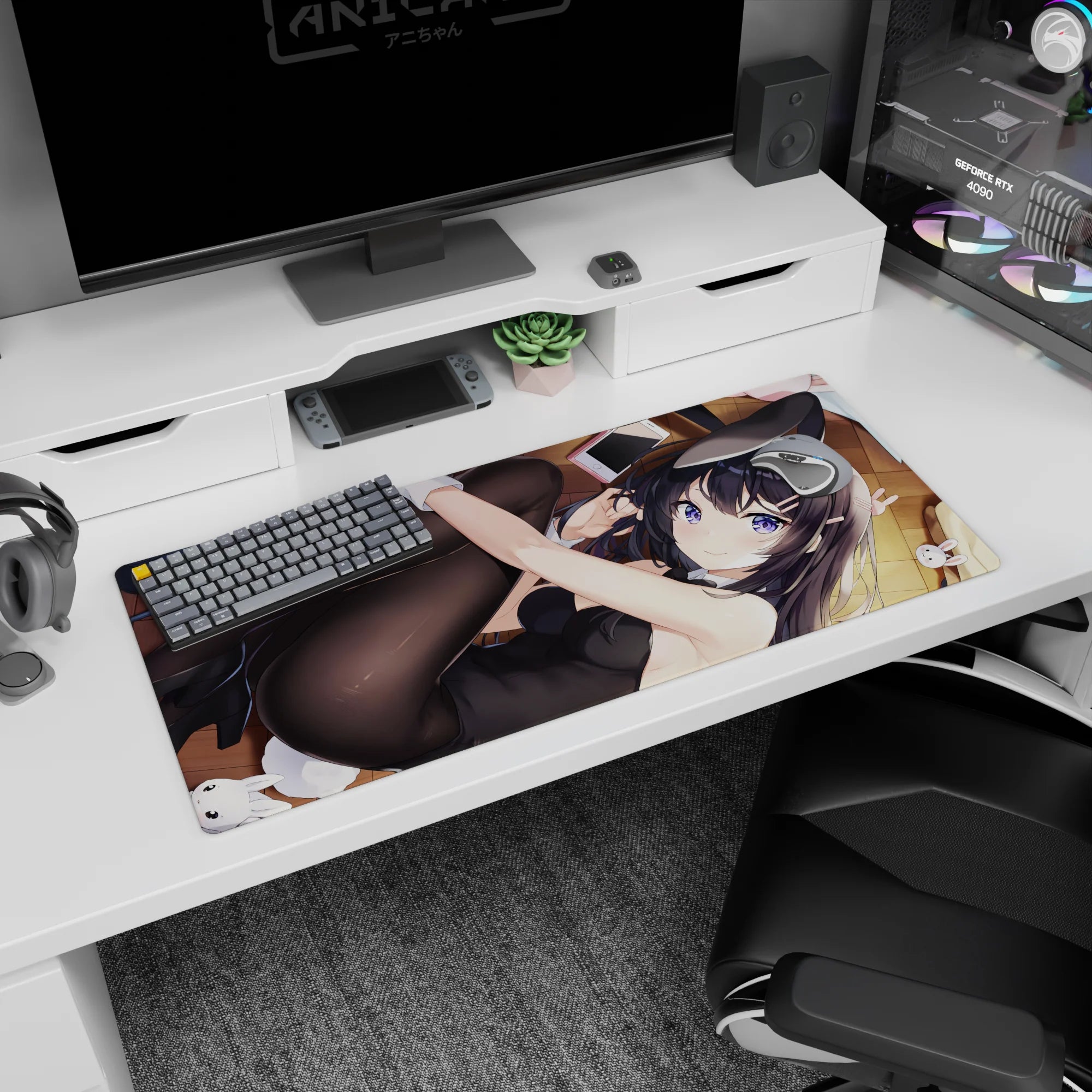 Playful violet-eyed anime girl lounging on wooden floor desk pad 36x16 inches, phone tossed beside her.
