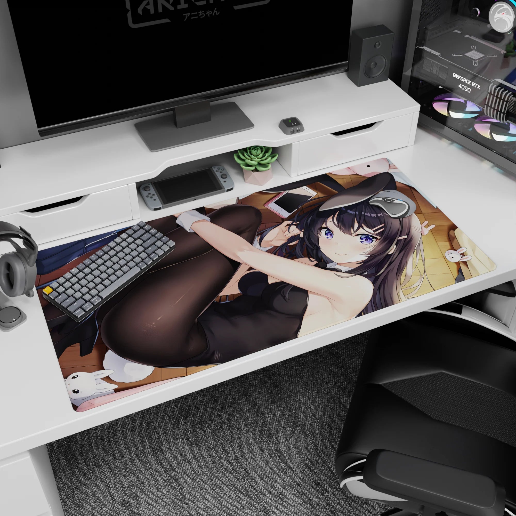 Playful bunny-suit anime girl stretching on wooden floor desk pad 40x20 inches, violet eyes and tights.