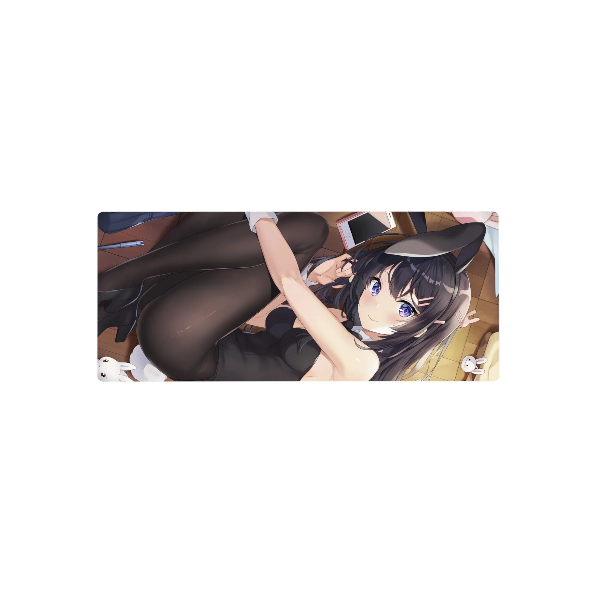 Anime girl mouse pad 28x12 inches with cat-ear headband, glossy bunny suit, and plush bunnies on wood floor.