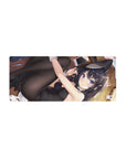 Anime girl mouse pad 28x12 inches with cat-ear headband, glossy bunny suit, and plush bunnies on wood floor.