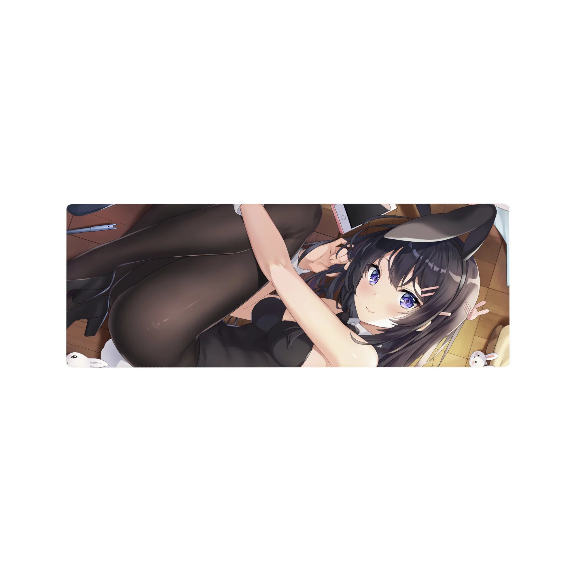 Anime girl mouse pad 32x12 inches with cat-ear headband, bunny suit, and plush bunnies on wooden floor.