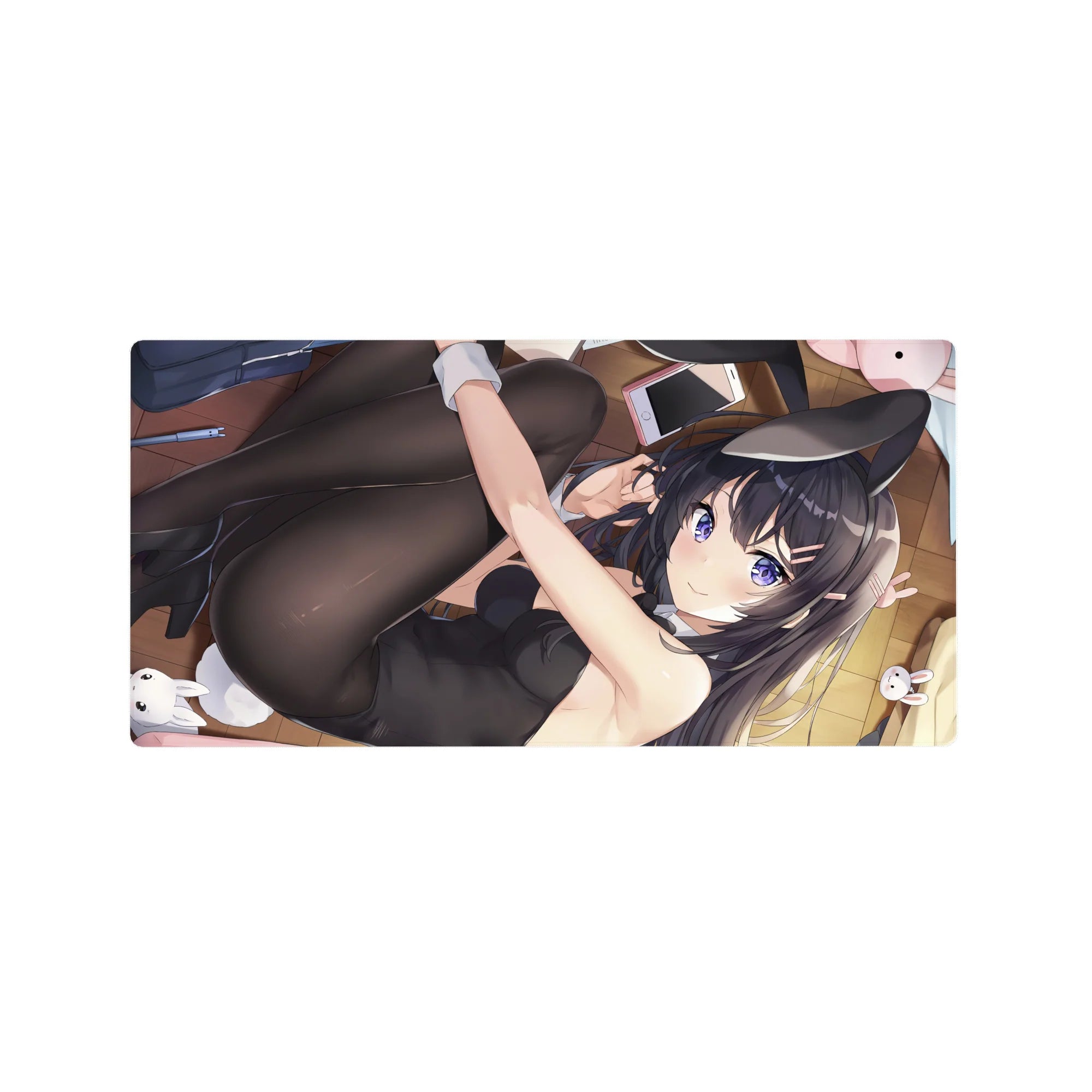 Anime girl mouse pad 32x16 inches with cat-ear headband, glossy bunny suit, tights, plush bunnies.