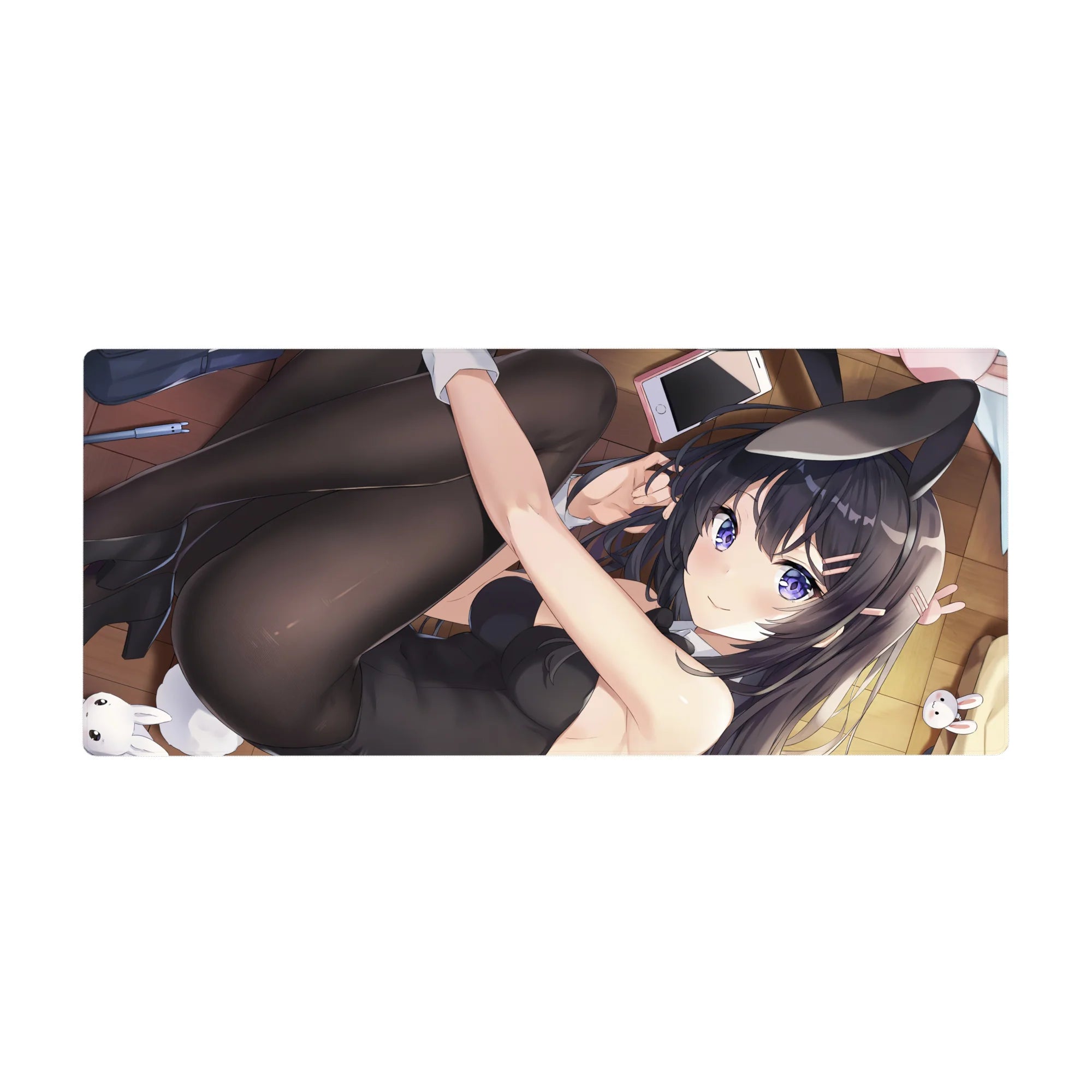 Anime girl desk pad 36x16 inches with cat-ear headband, bunny suit, plush bunnies, cozy wood floor scene.