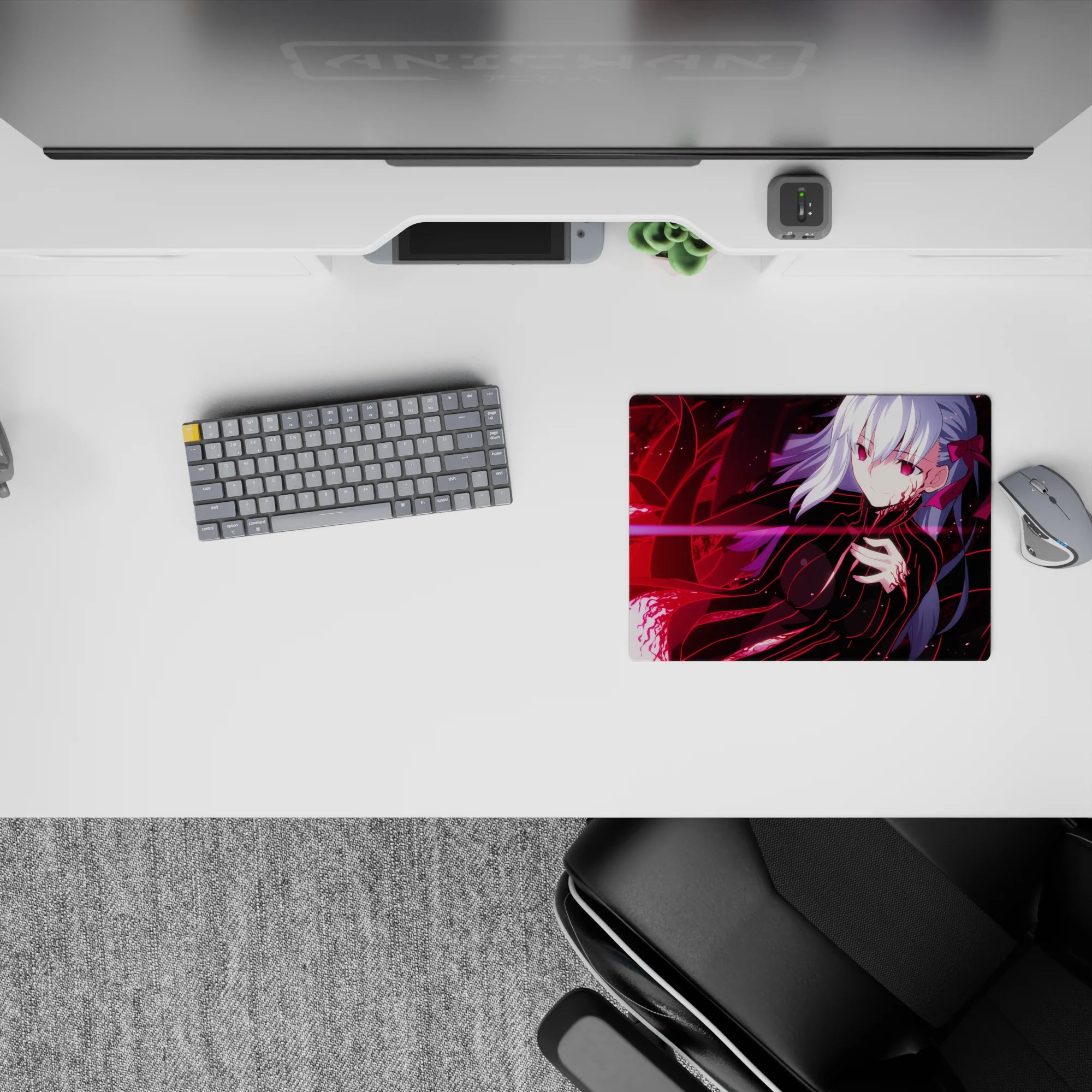 Red-and-pink cyber vibe anime girl mouse pad 14x10 inches with glossy shadows and glowing beam.