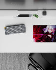 Red-and-pink cyber vibe anime girl mouse pad 14x10 inches with glossy shadows and glowing beam.