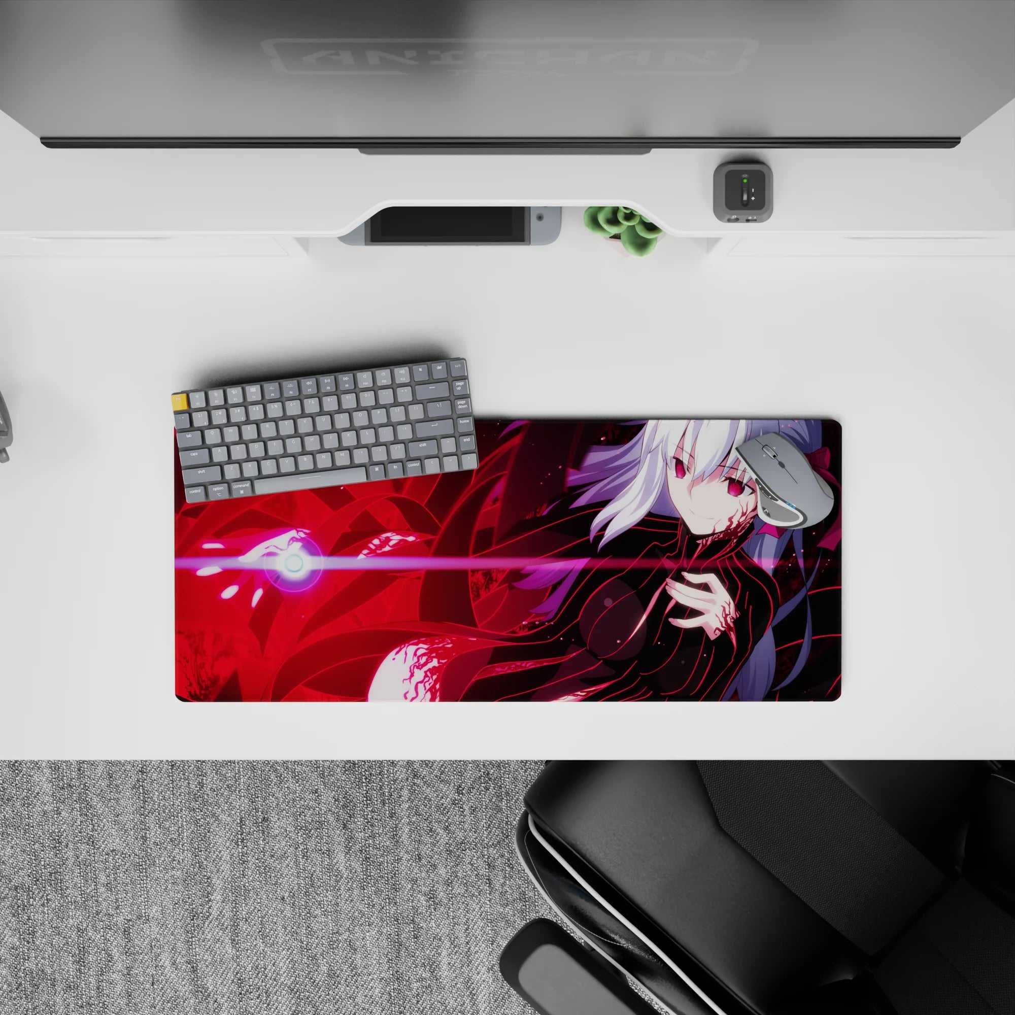 28x12 inches anime girl mouse pad in bold crimson and pink glow, glossy shadows, edgy cyber vibe.