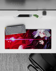 28x12 inches anime girl mouse pad in bold crimson and pink glow, glossy shadows, edgy cyber vibe.