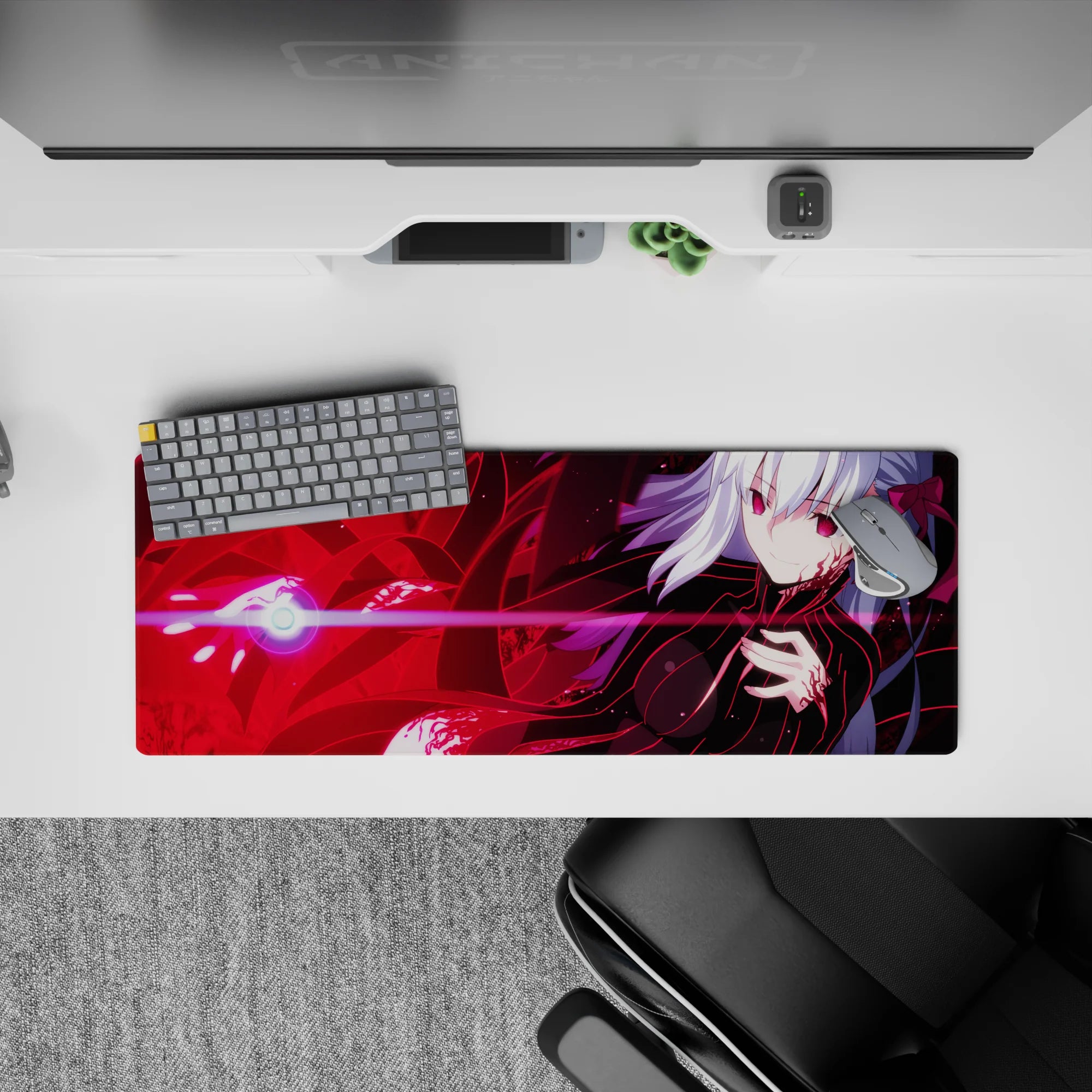 32x12 inches anime girl mouse pad in bold crimson and pink glow, glossy shadows, edgy cyber vibe.