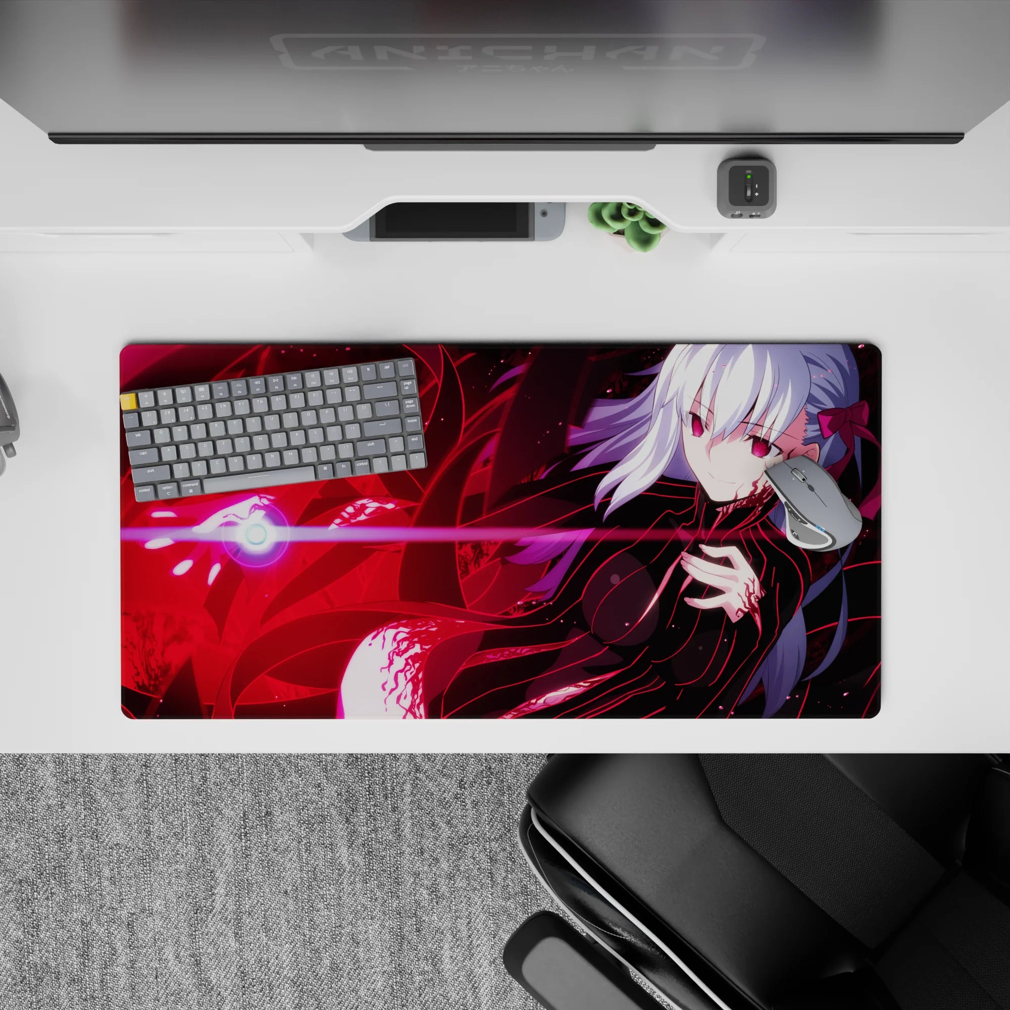 32x16 inches anime girl mouse pad in bold reds and glossy shadows, pink beam glow, edgy night vibe.