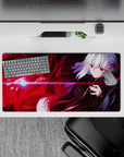 32x16 inches anime girl mouse pad in bold reds and glossy shadows, pink beam glow, edgy night vibe.