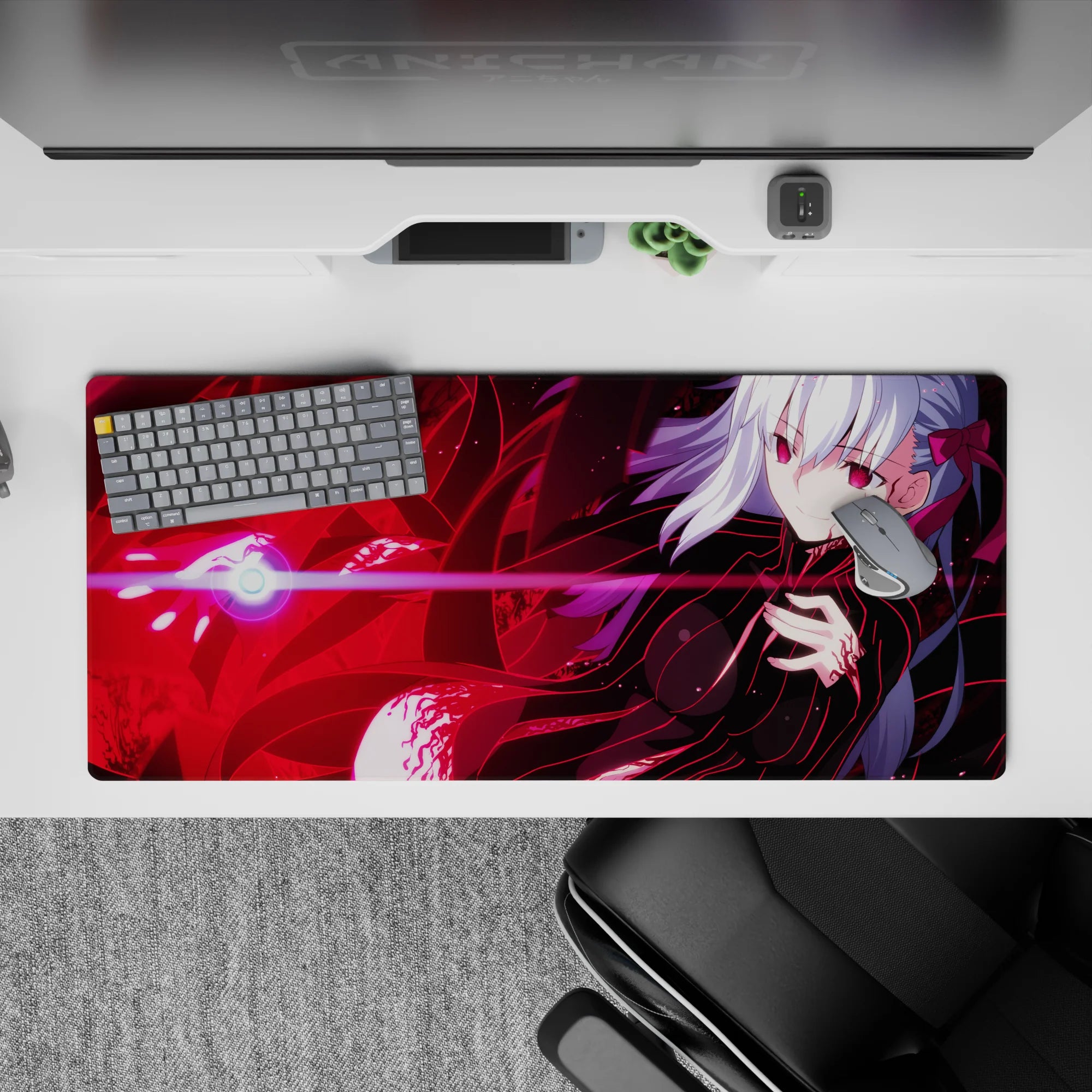 36x16 inches anime girl desk pad in bold reds and pink glow, glossy shadows, sleek cyberpunk vibe.