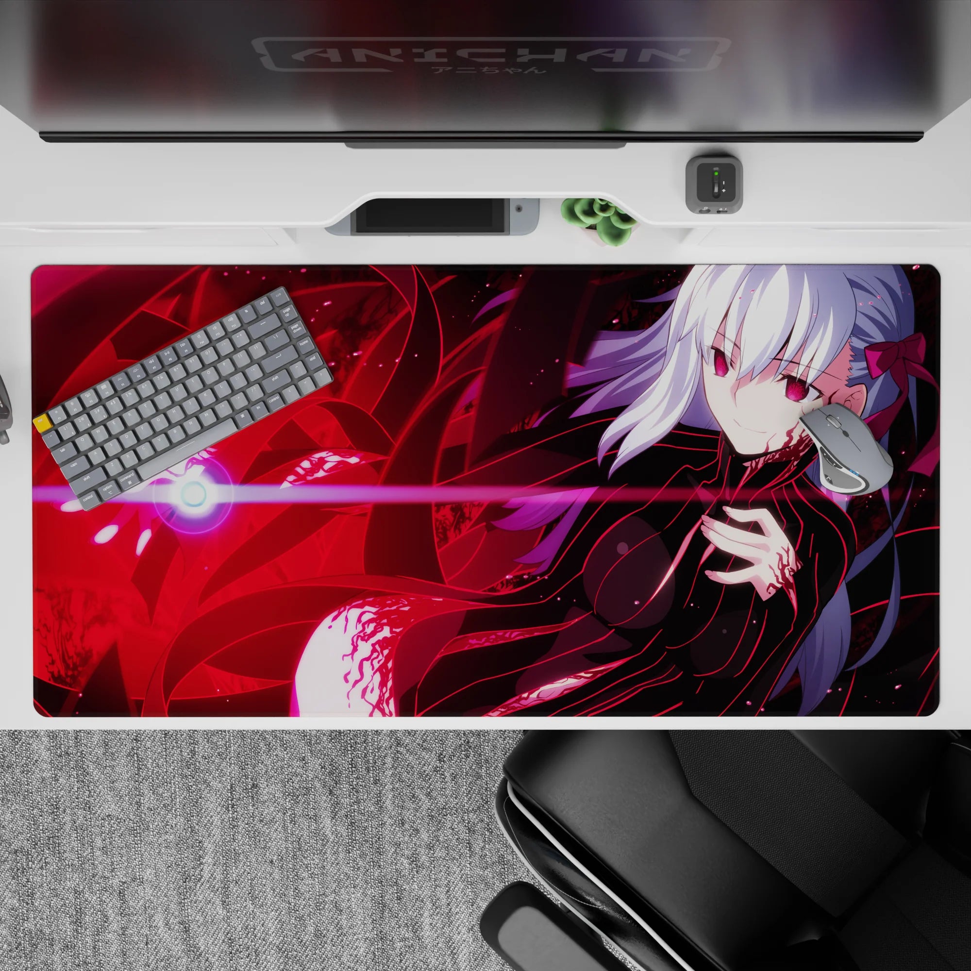 Red and pink neon anime desk pad 40x20 inches with glossy shadows and dangerous night vibe.